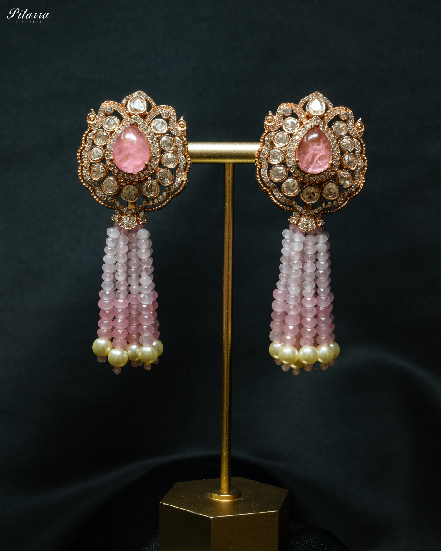 Long Pink Beads Kundan Necklace Set