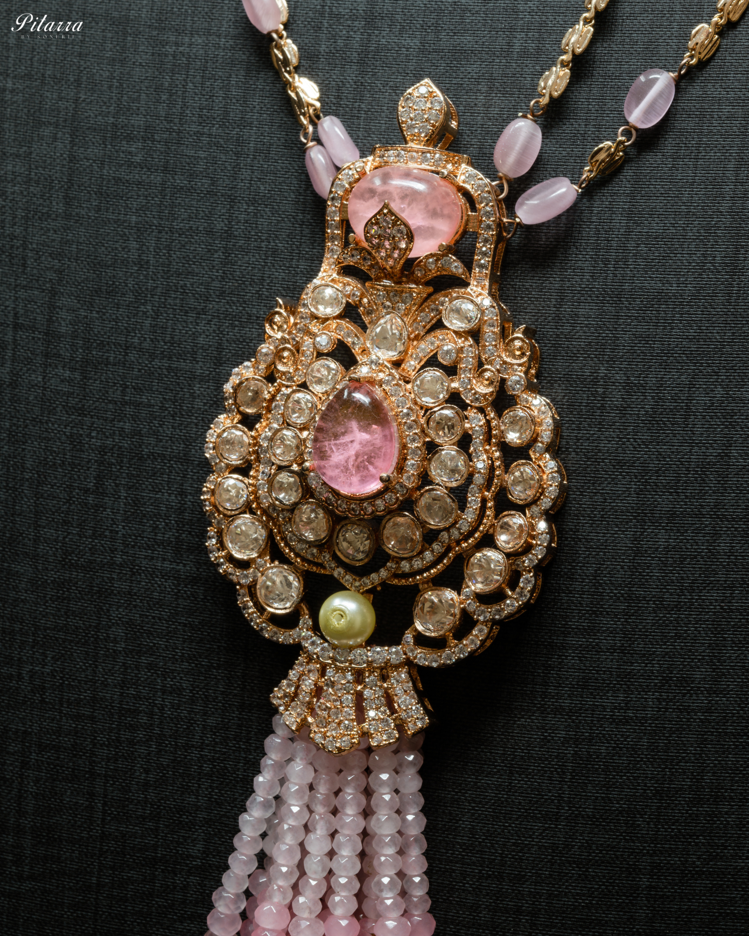 Long Pink Beads Kundan Necklace Set