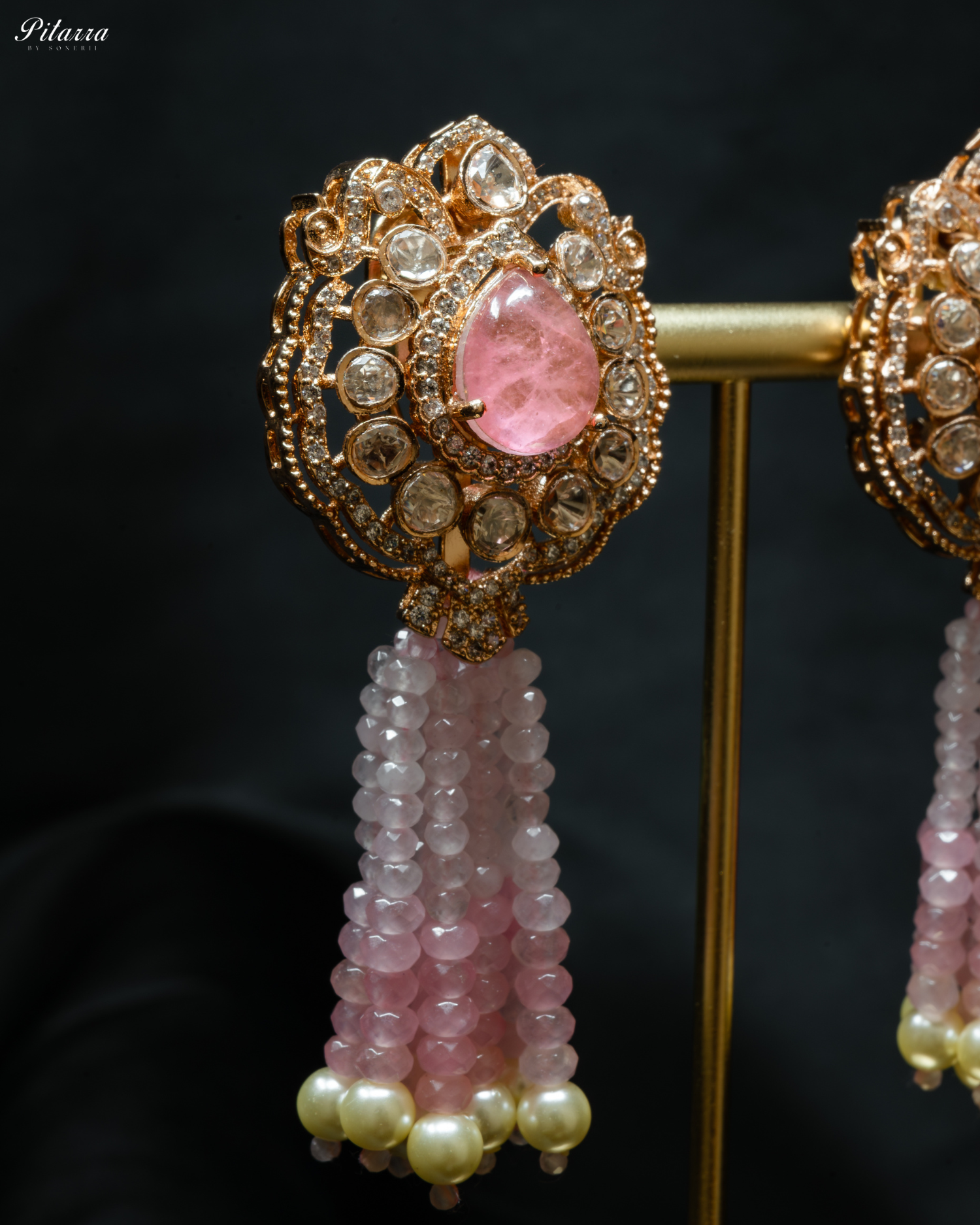 Long Pink Beads Kundan Necklace Set