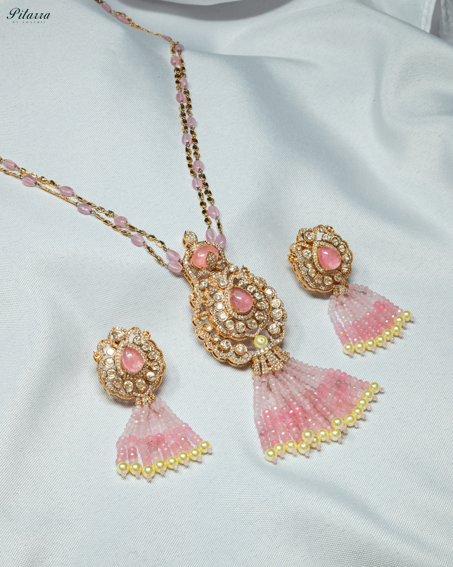 Long Pink Beads Kundan Necklace Set