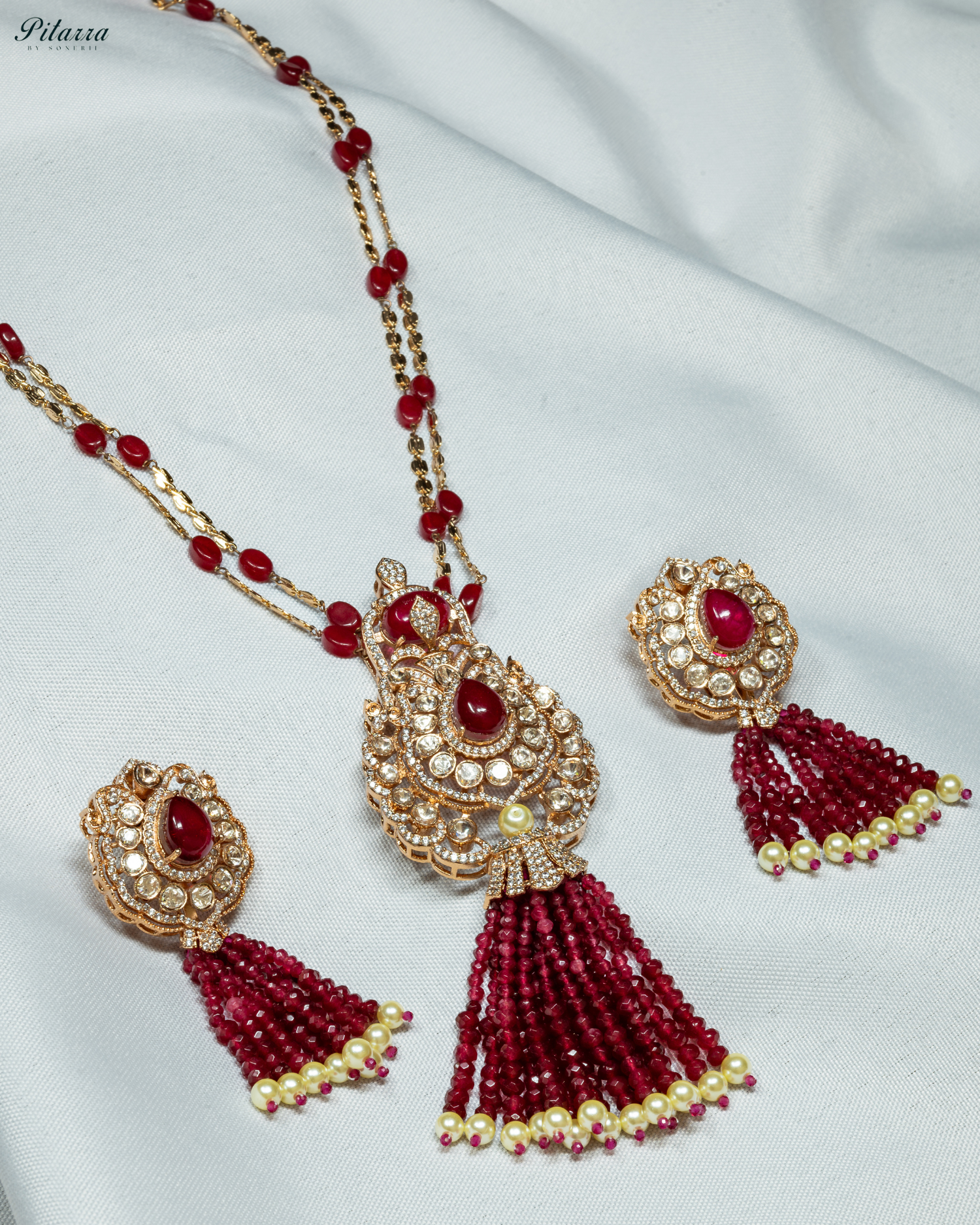 Long Red Beads Kundan Necklace Set