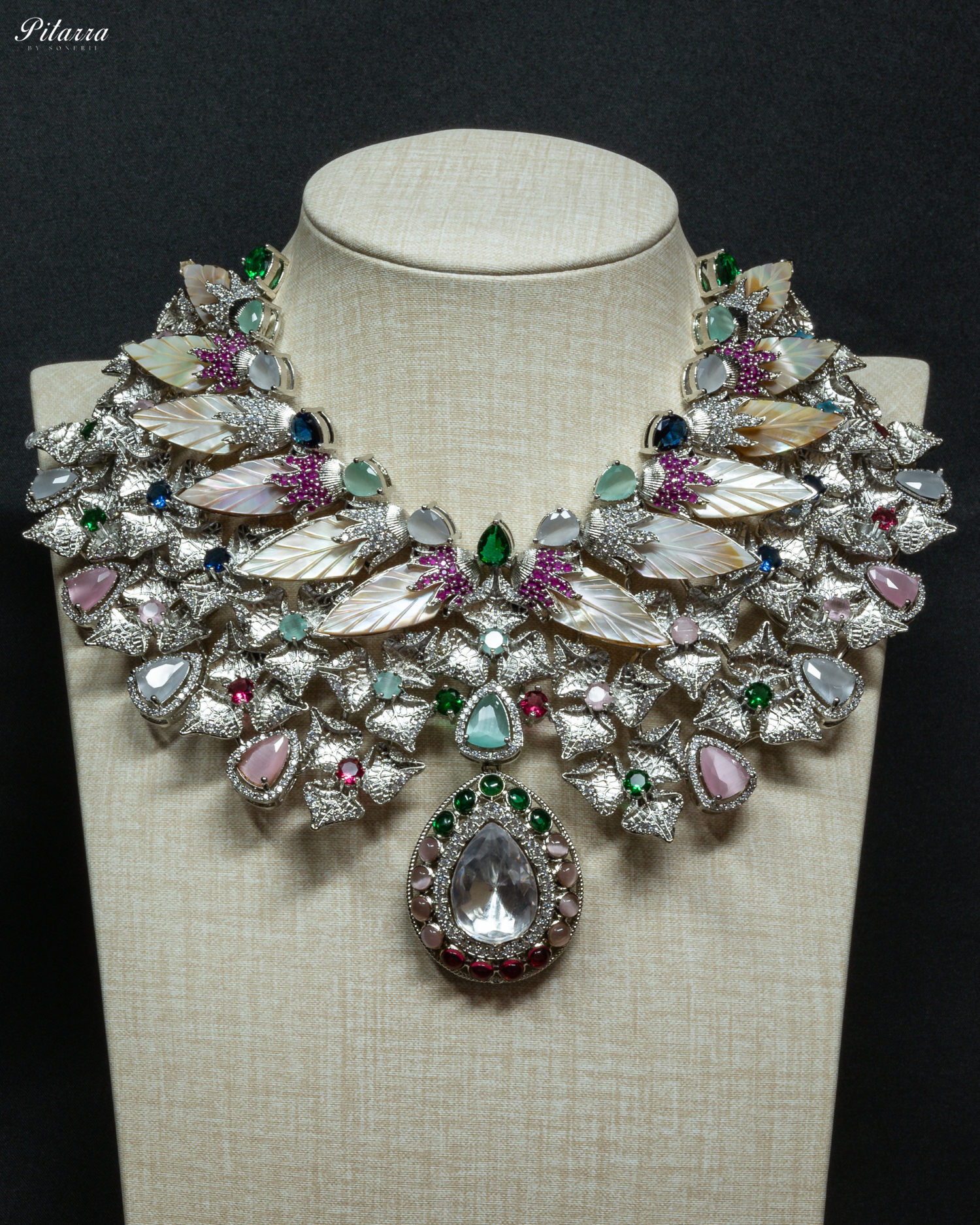 MOP Wings with Multicolor Stones in Rhodium Plating Necklace Set