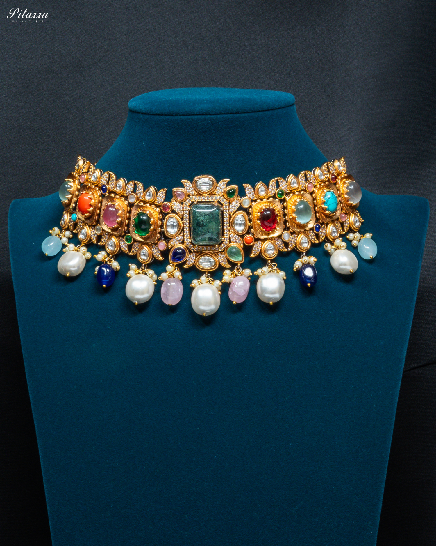 Navaratna with Green Doublet Centre Stones Choker Set