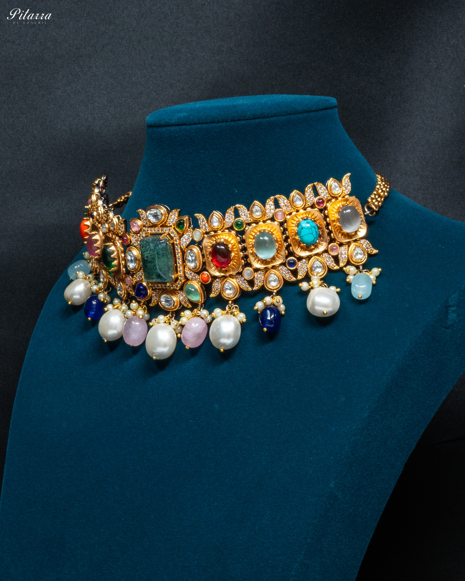 Navaratna with Green Doublet Centre Stones Choker Set