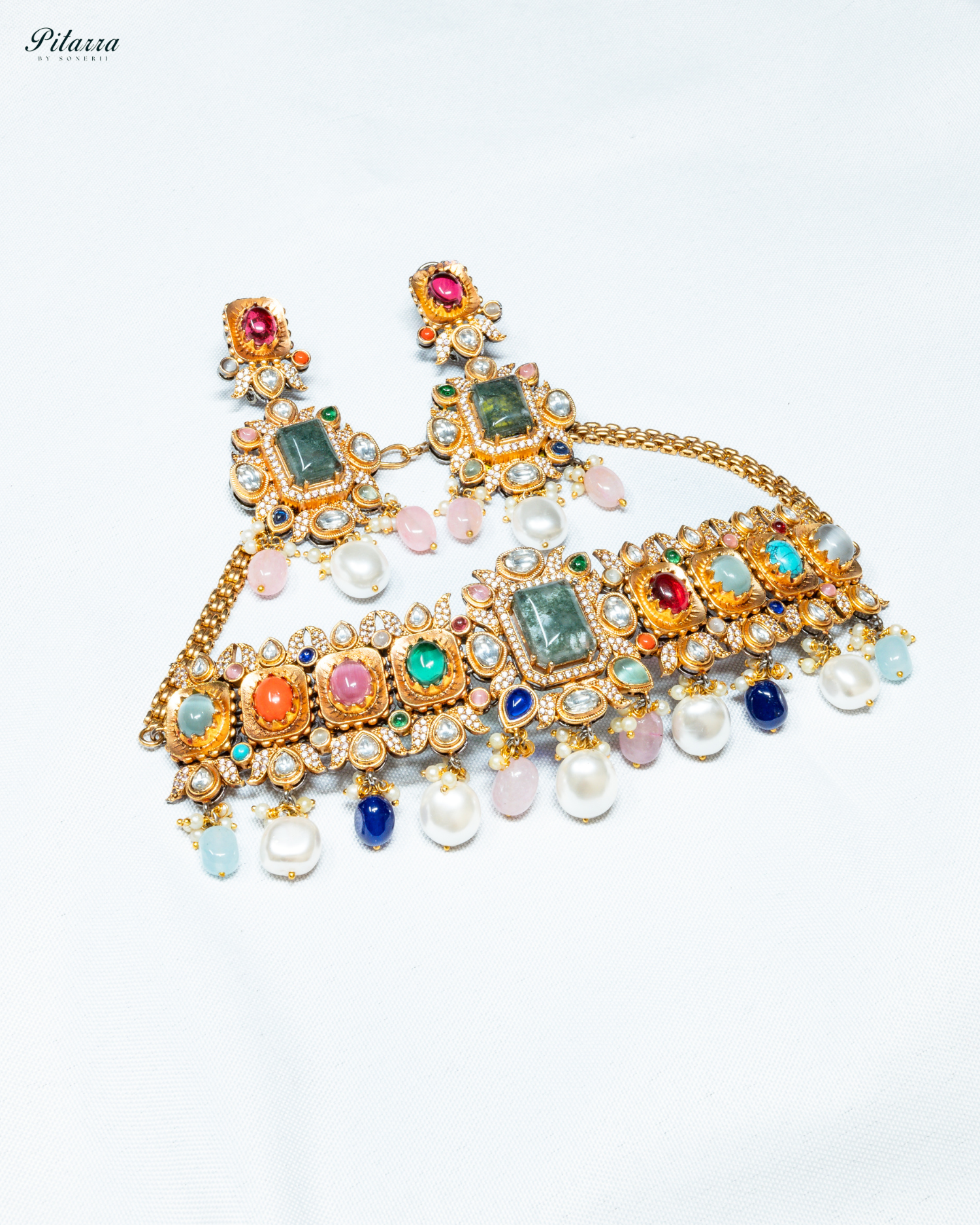 Navaratna with Green Doublet Centre Stones Choker Set