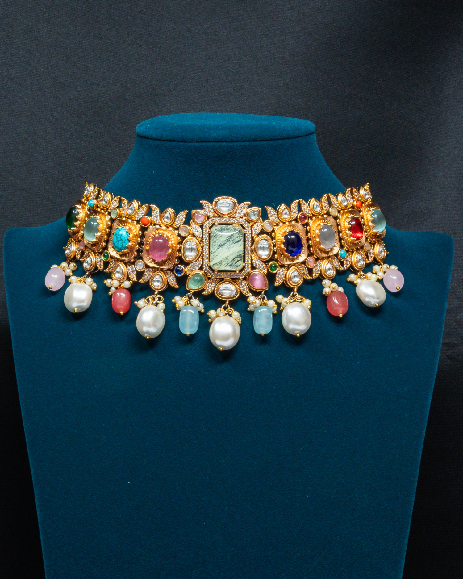 Navaratna with Lime Yellow Doublet Centre Stones Choker Set