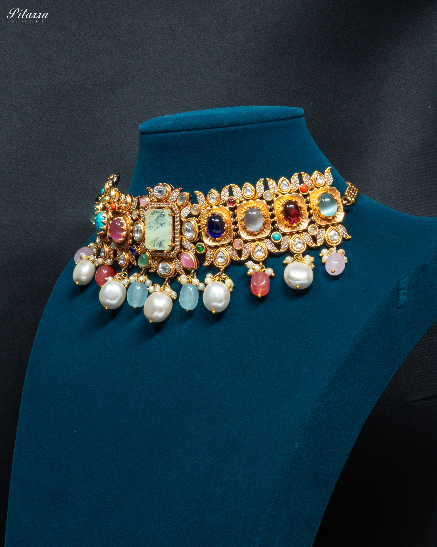 Navaratna with Lime Yellow Doublet Centre Stones Choker Set