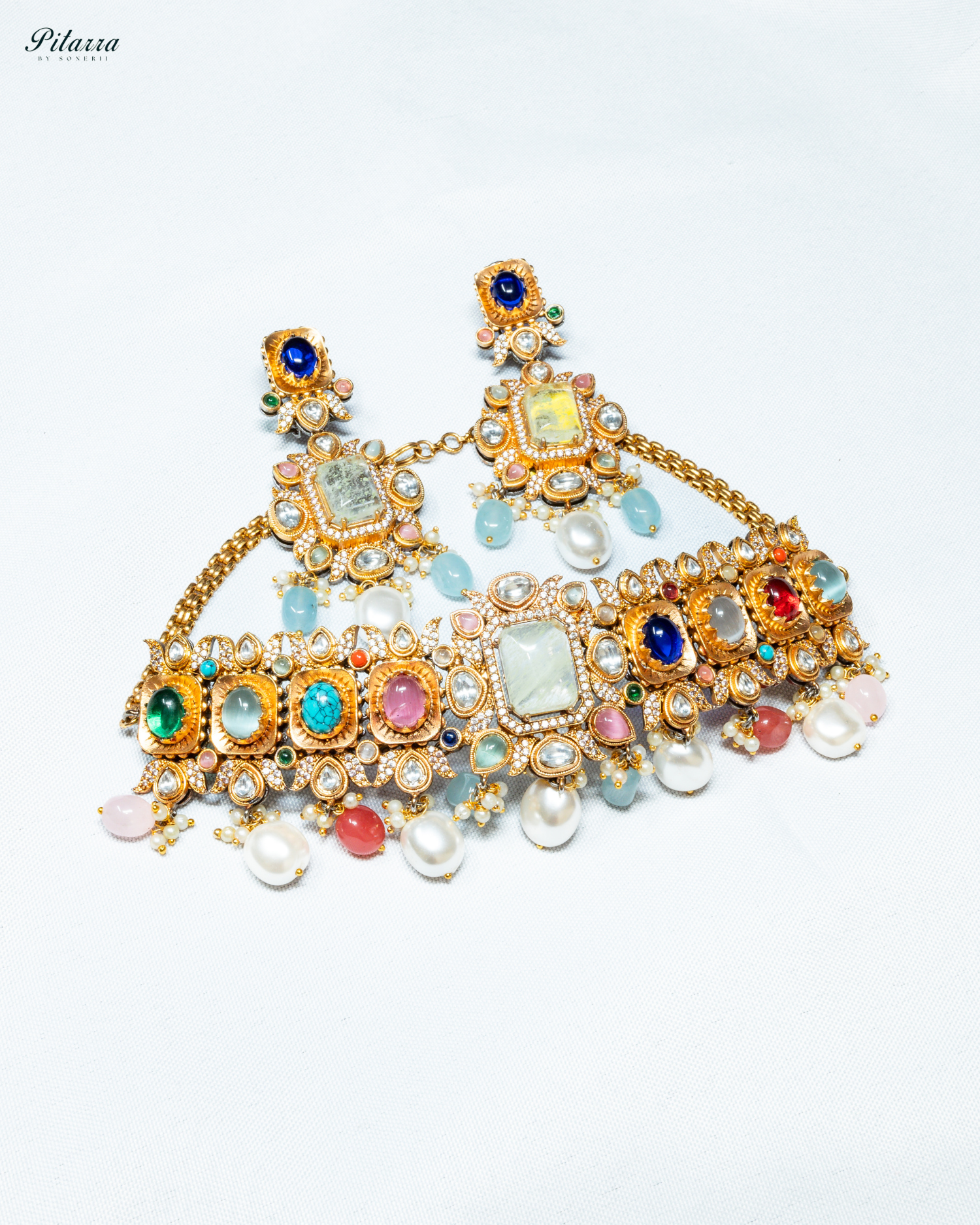 Navaratna with Lime Yellow Doublet Centre Stones Choker Set