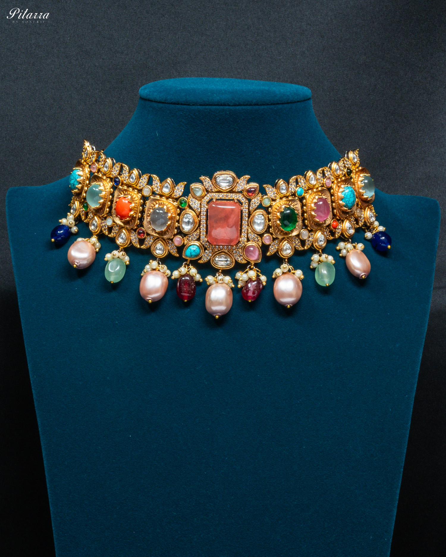 Navaratna with Peach Doublet Centre Stones Choker Set