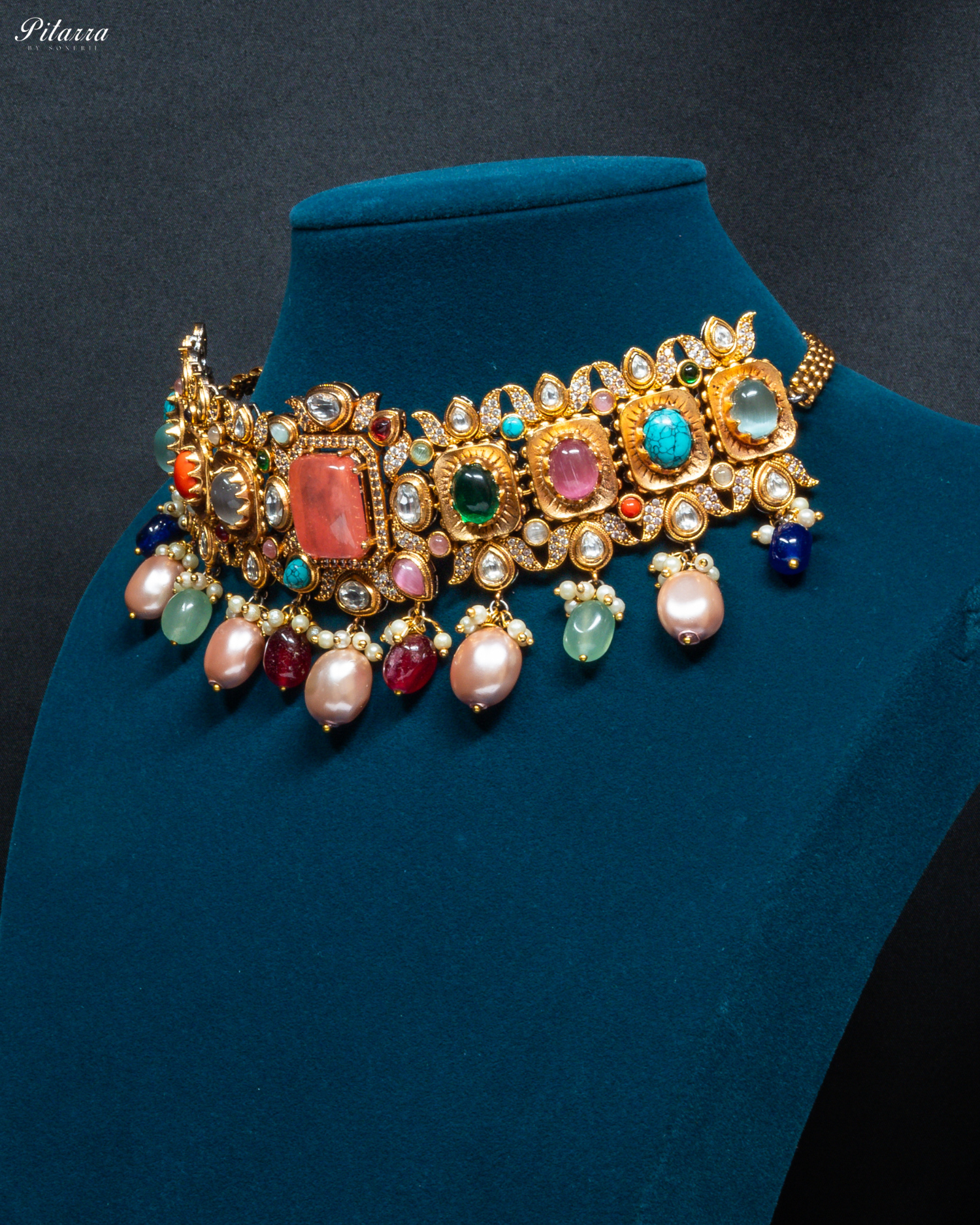 Navaratna with Peach Doublet Centre Stones Choker Set