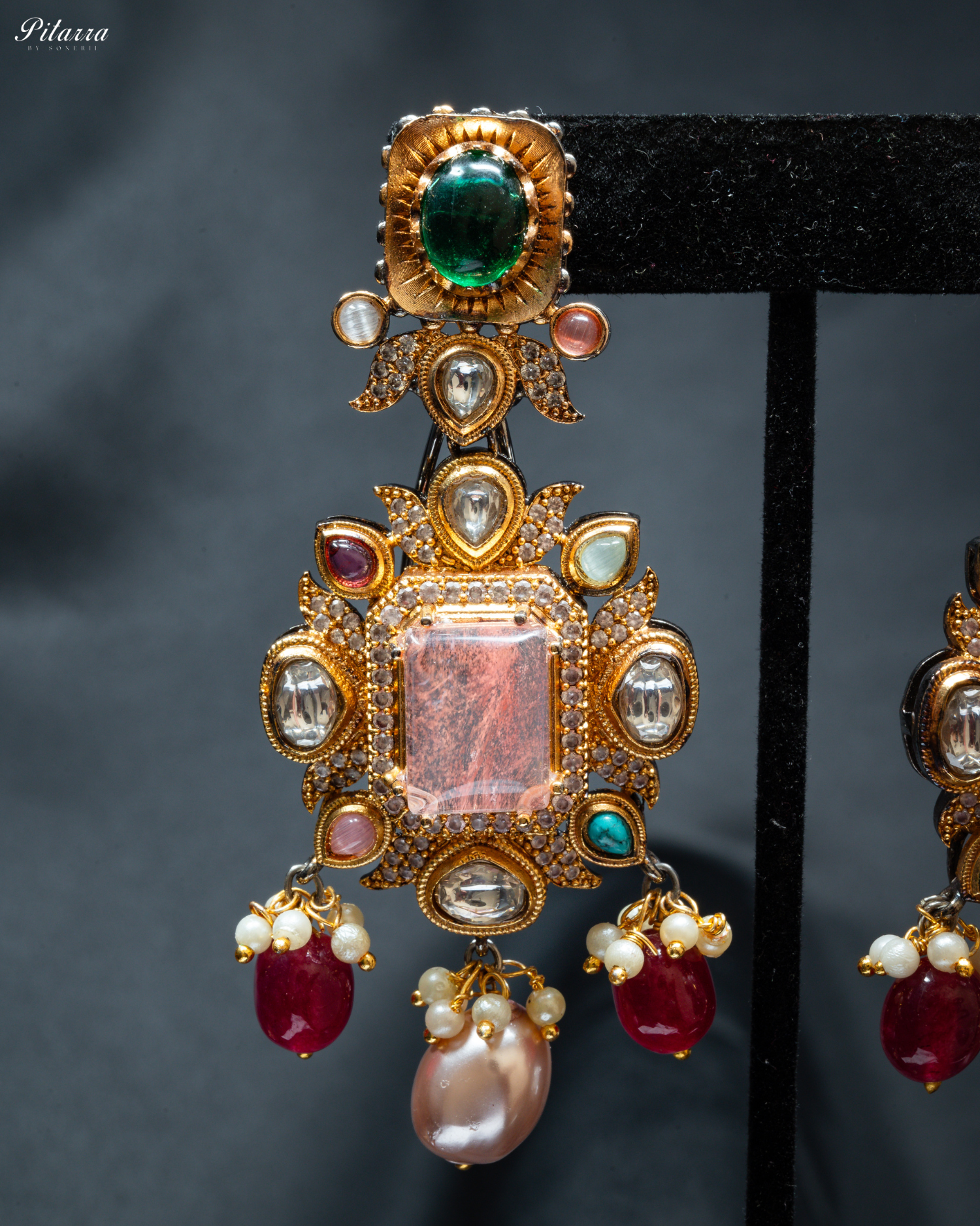 Navaratna with Peach Doublet Centre Stones Choker Set