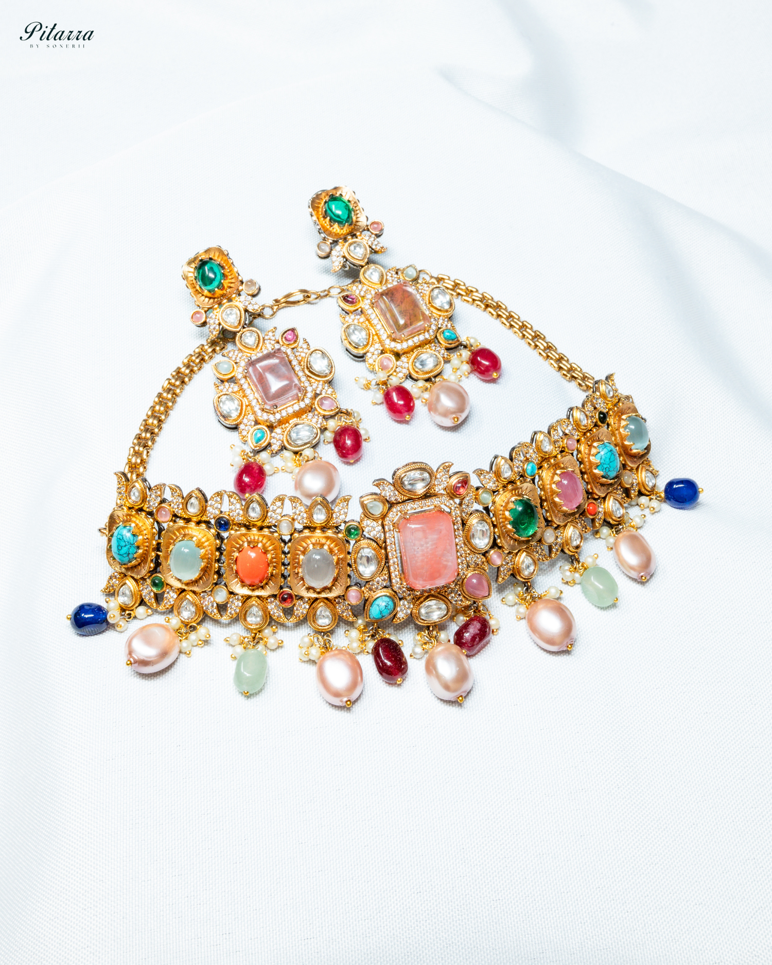 Navaratna with Peach Doublet Centre Stones Choker Set