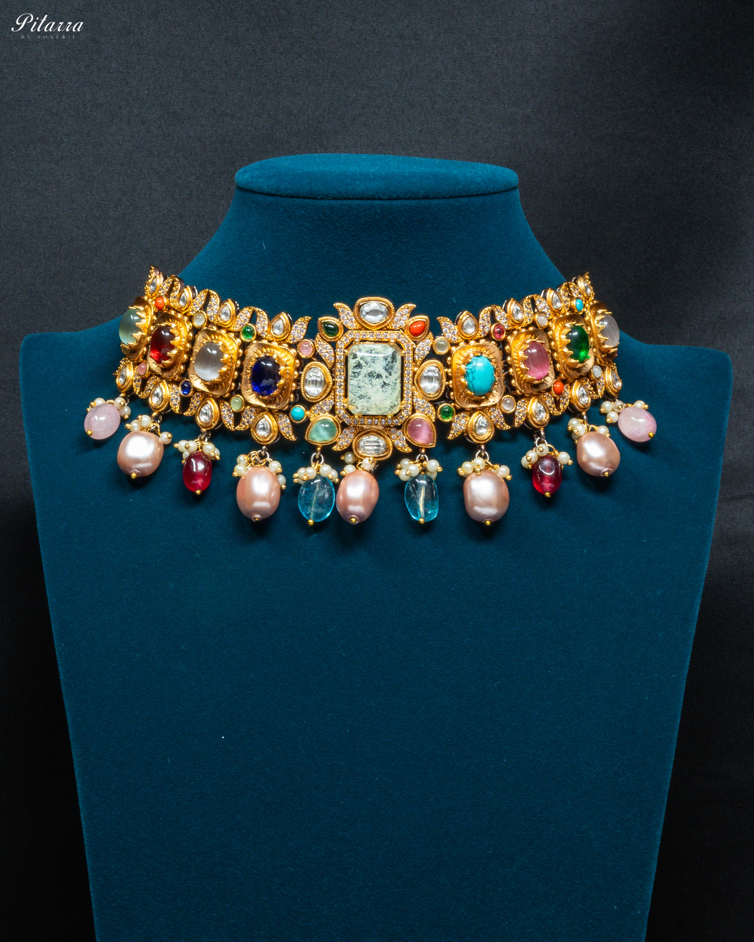 Navratana with White Doublet Centre Stones Choker Set