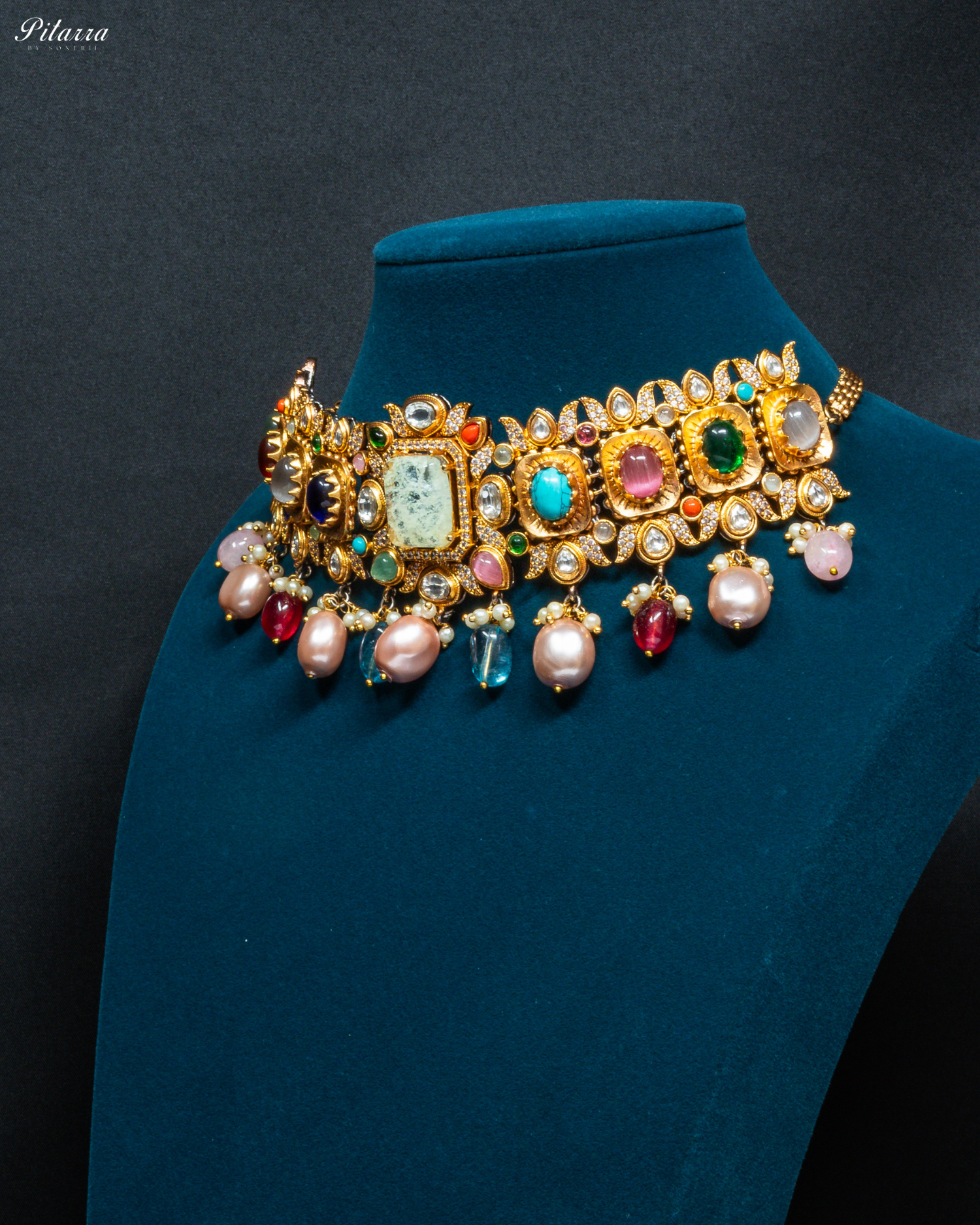 Navratana with White Doublet Centre Stones Choker Set