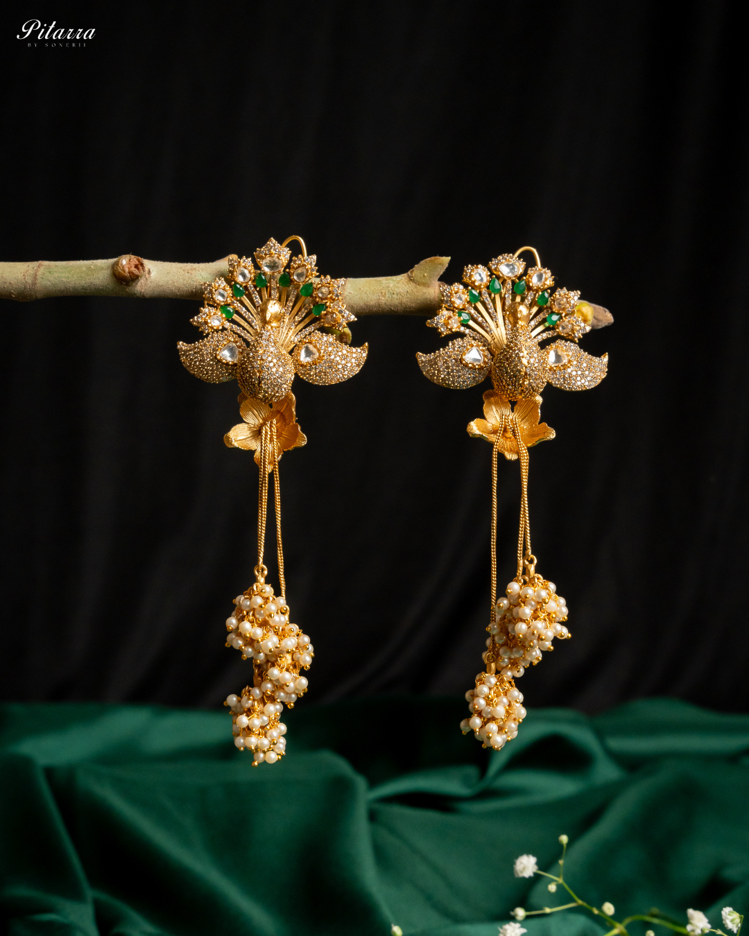 Peacock Design Gold Kundan Earrings