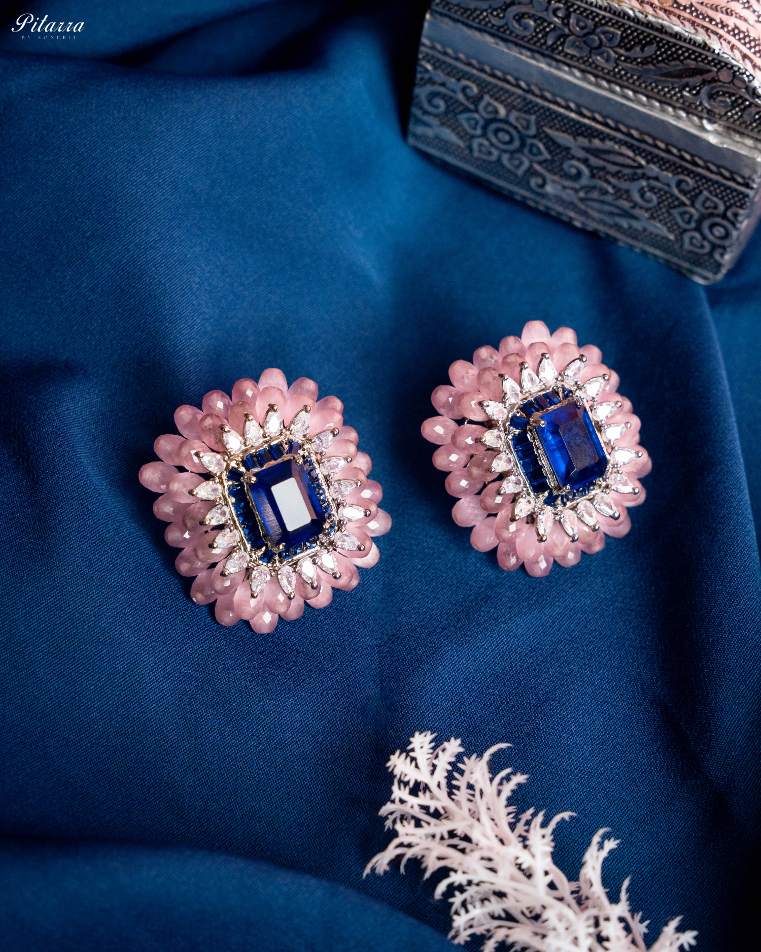 Pink and Blue Emerald Studs Earrings