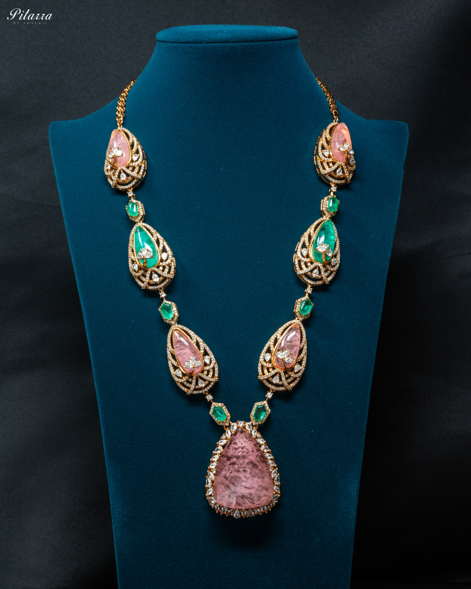 Pink and Green Doublet Stone with CZ Necklace Set