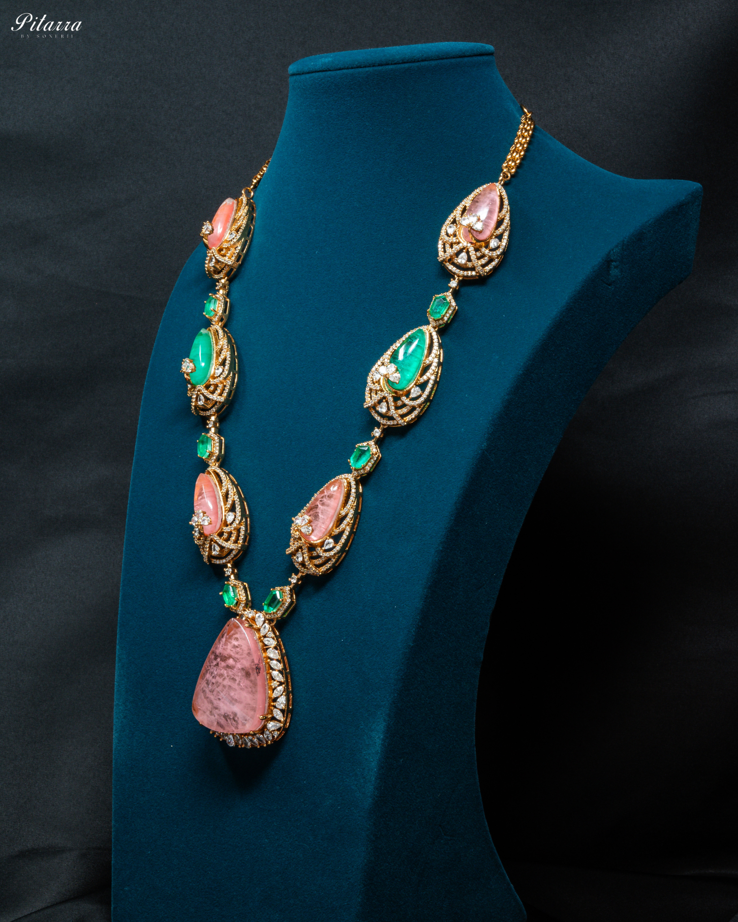 Pink and Green Doublet Stone with CZ Necklace Set