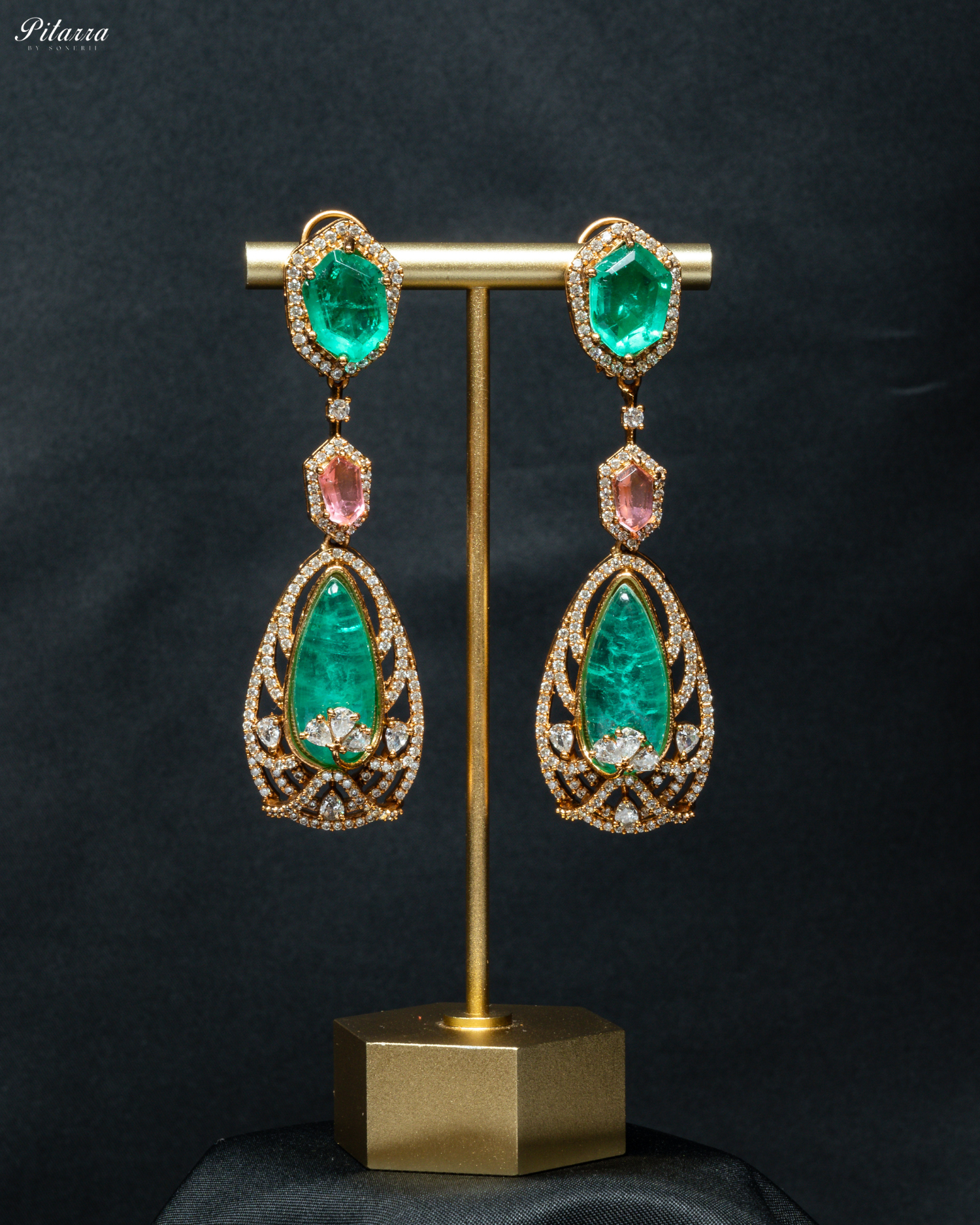 Pink and Green Doublet Stone with CZ Necklace Set