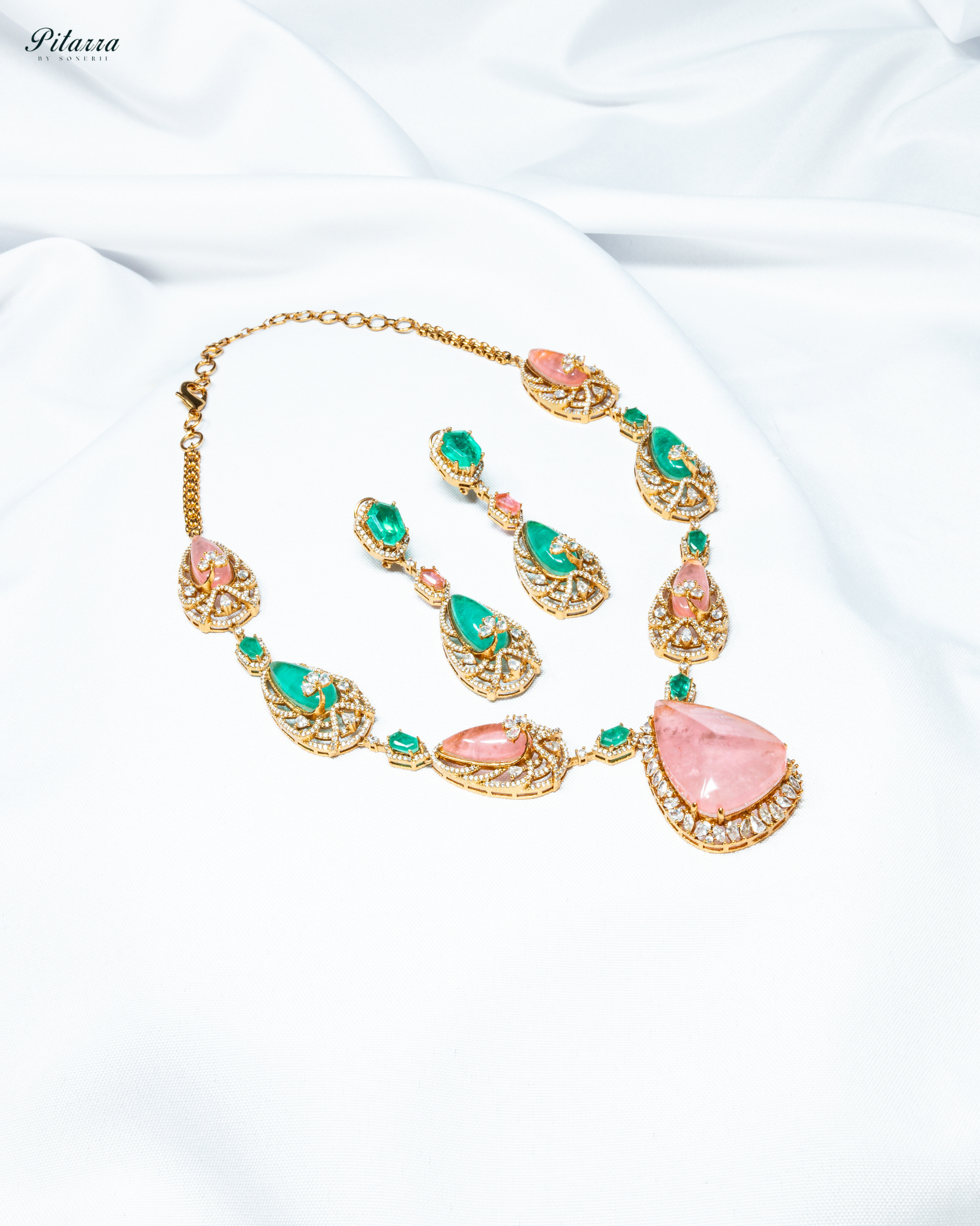 Pink and Green Doublet Stone with CZ Necklace Set