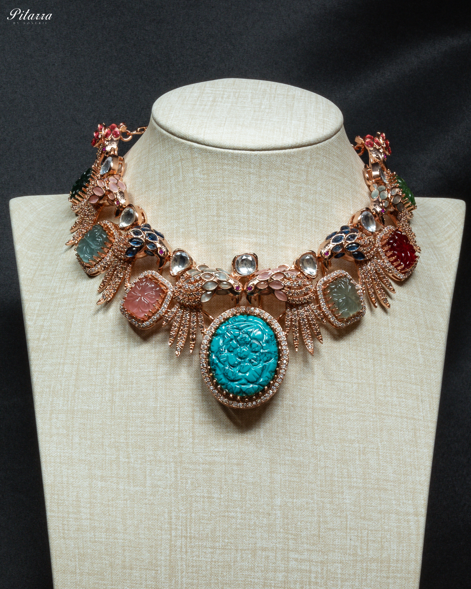 Pitarra Blue Carved Stone in Rose Gold Necklace Set