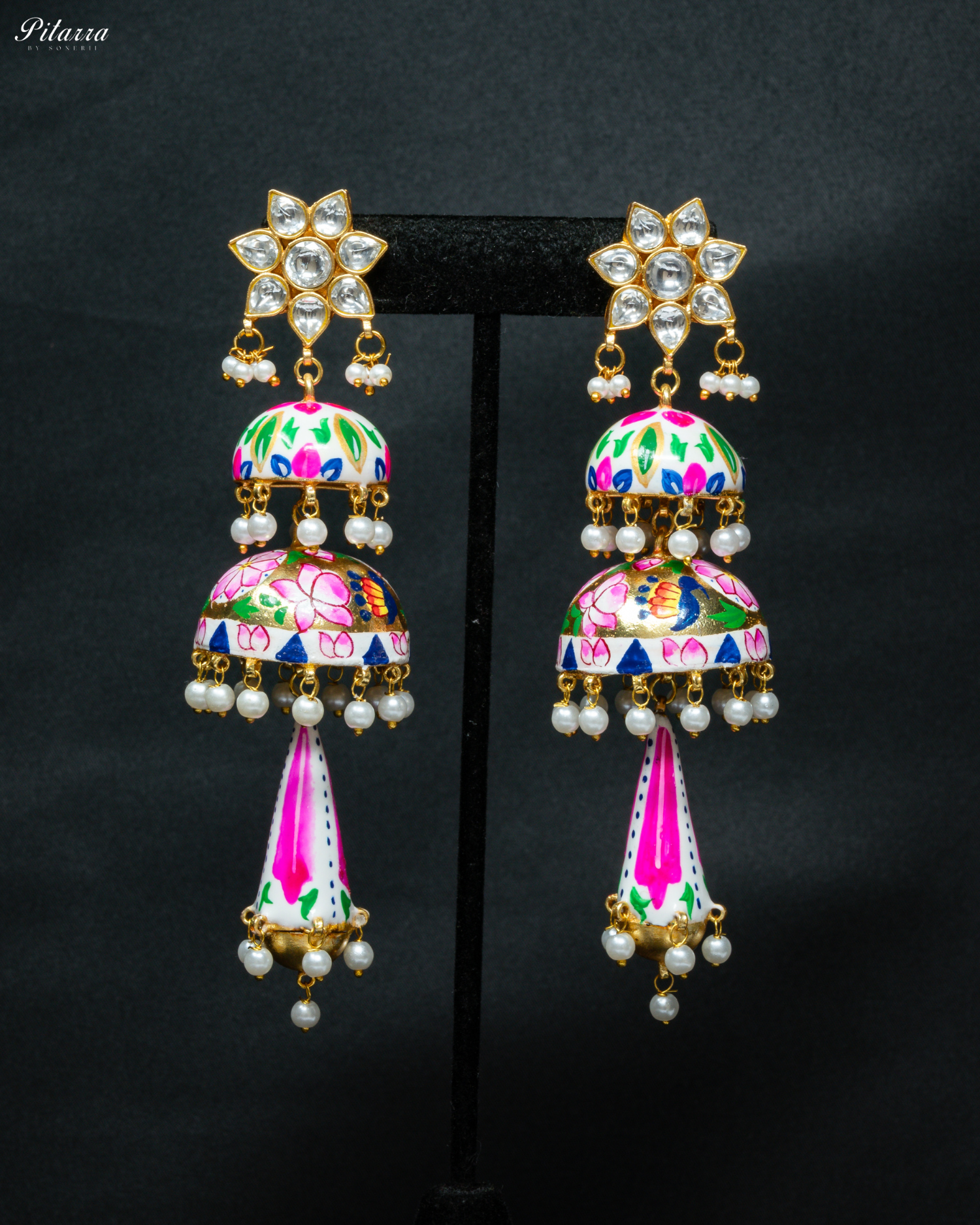 Classic Pitarra Minakari Three Tier Jhumki Earrings