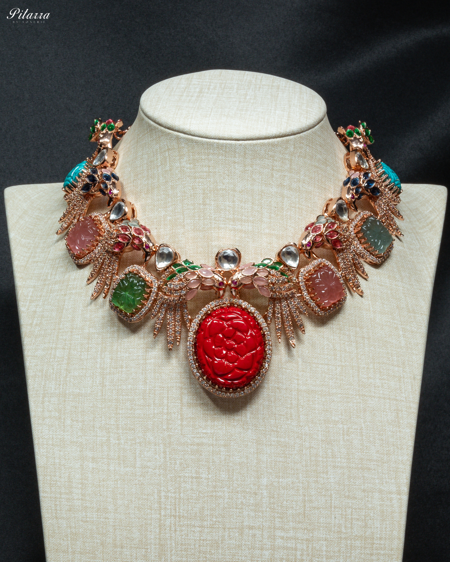 Pitarra Red Carved Stone in Rose Gold Necklace Set