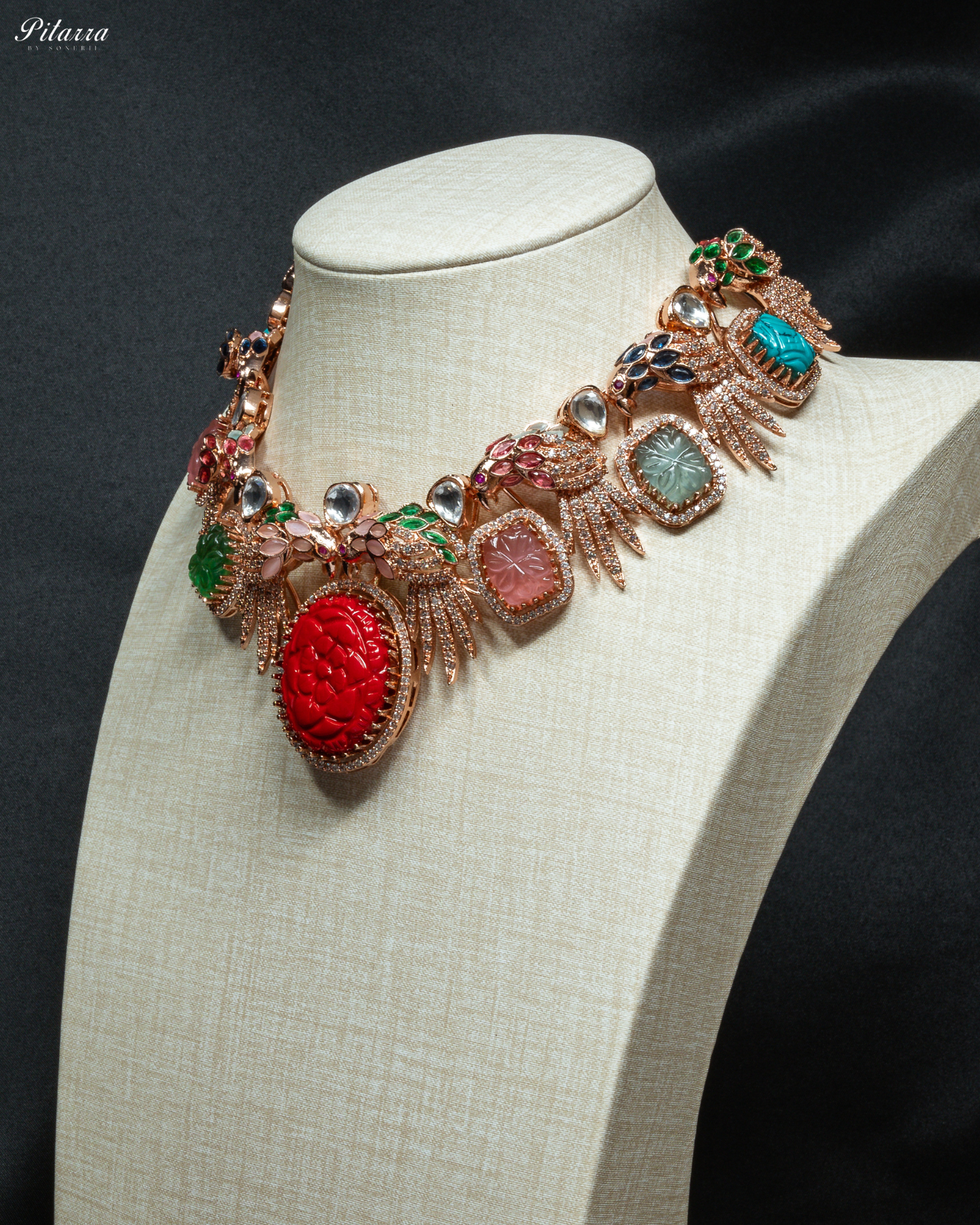 Pitarra Red Carved Stone in Rose Gold Necklace Set