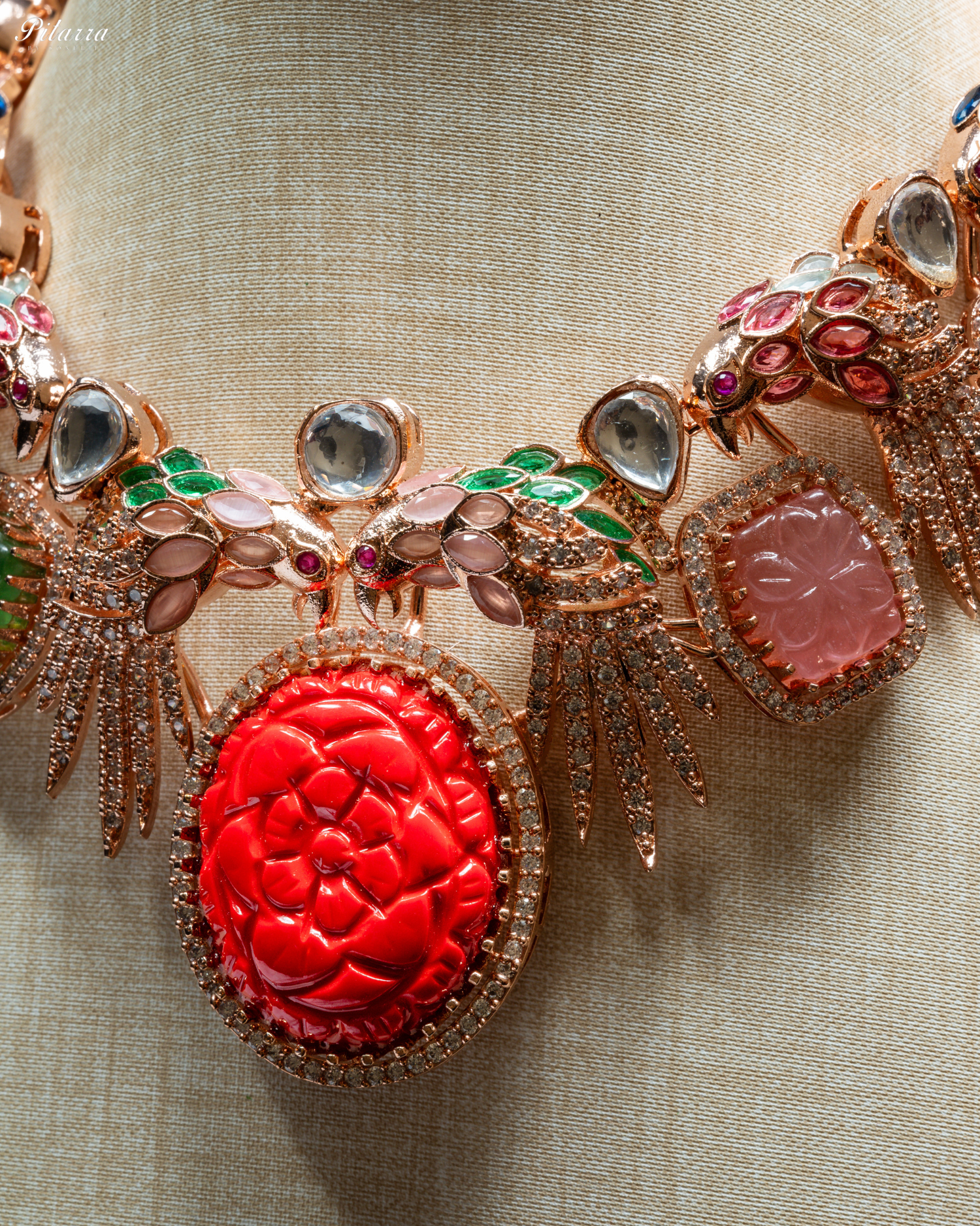 Pitarra Red Carved Stone in Rose Gold Necklace Set