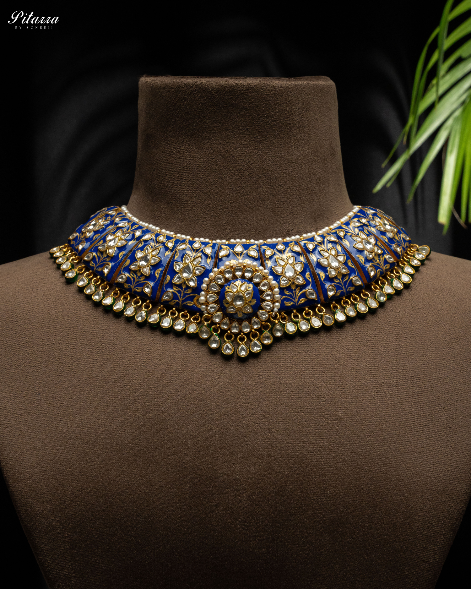 Pitarra Blue Polki Kundan Necklace Set with White Beads