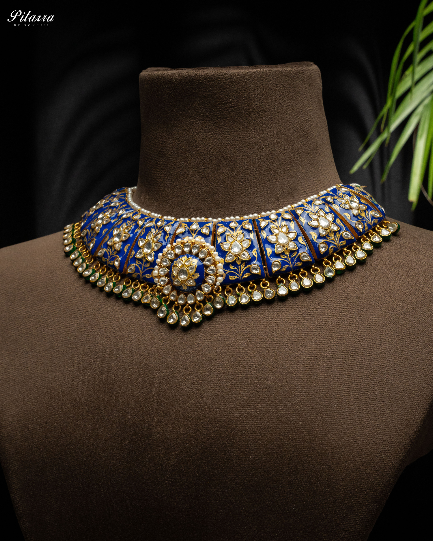 Pitarra Blue Polki Kundan Necklace Set with White Beads