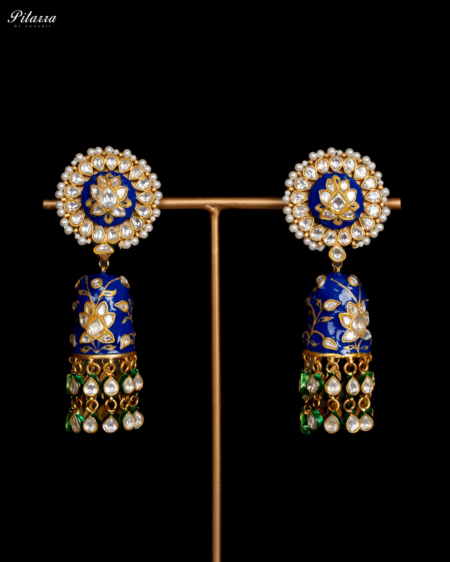 Pitarra Blue Polki Kundan Necklace Set with White Beads