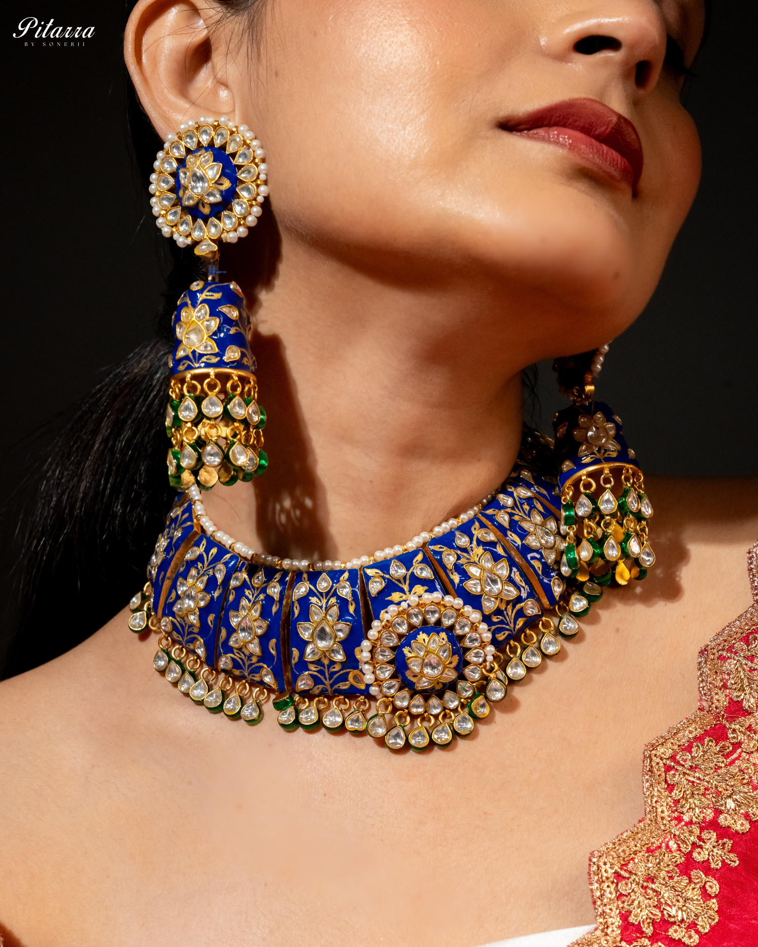 Pitarra Blue Polki Kundan Necklace Set with White Beads