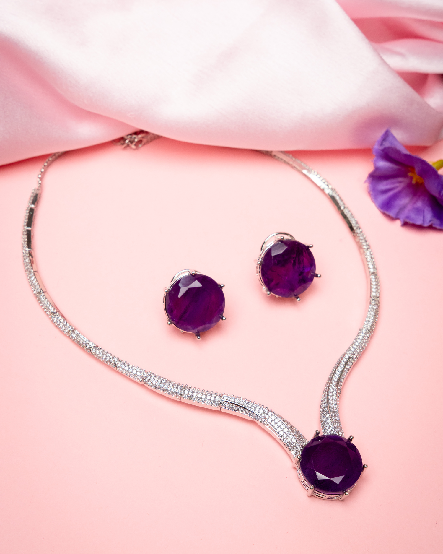 Purple Drop Stone CZ Necklace Set