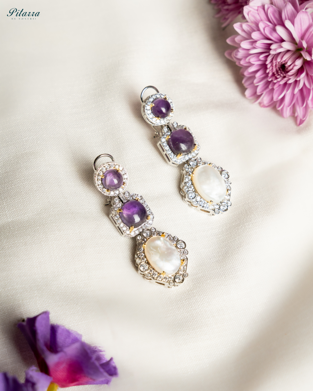 Purple Cubic Zirconia Drop Silver Earrings