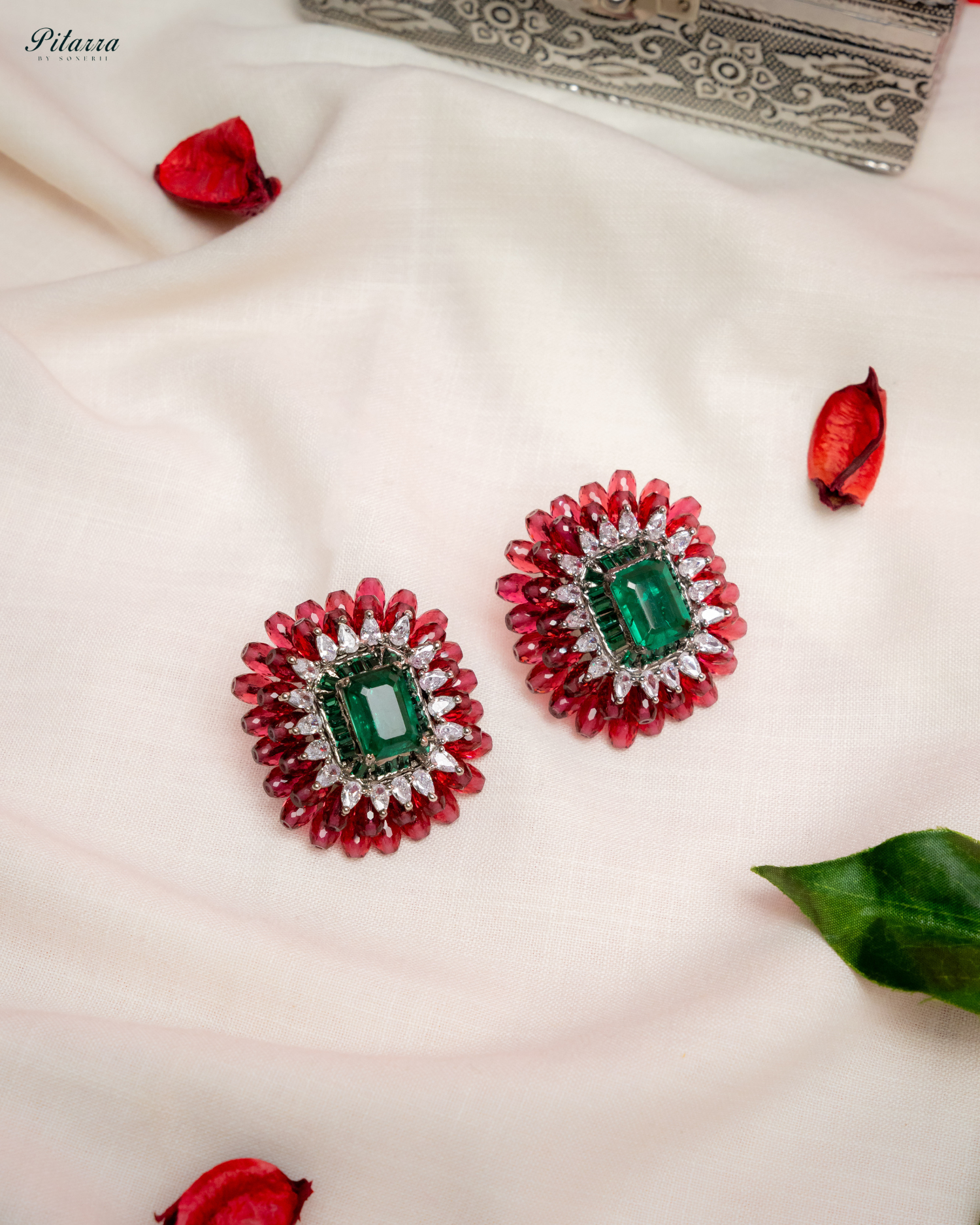 Red and Green Emerald Studs Earrings