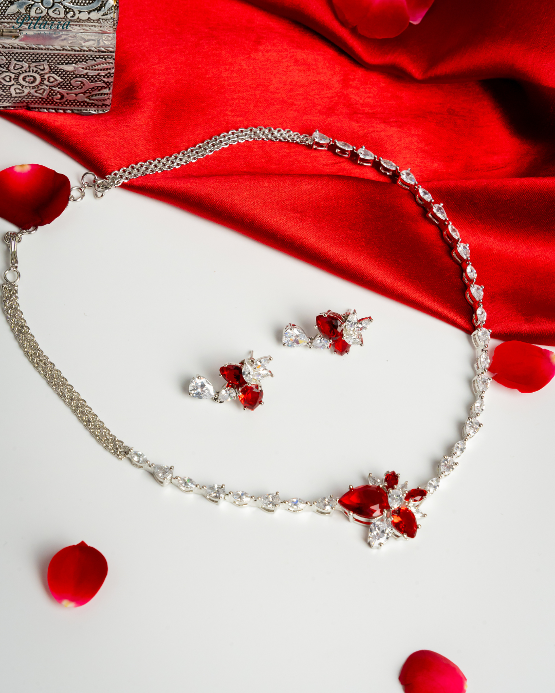 Red Silver Plated CZ Necklace Set