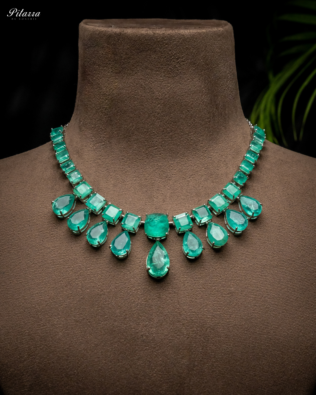 Rhodium Plated Green Crystal Necklace Set