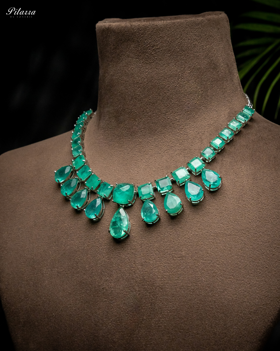 Rhodium Plated Green Crystal Necklace Set