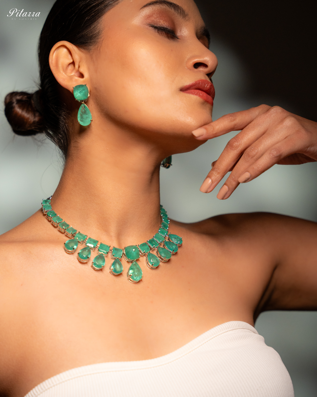 Rhodium Plated Green Crystal Necklace Set