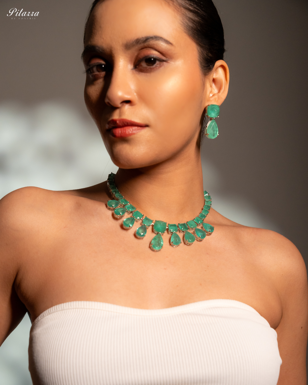 Rhodium Plated Green Crystal Necklace Set