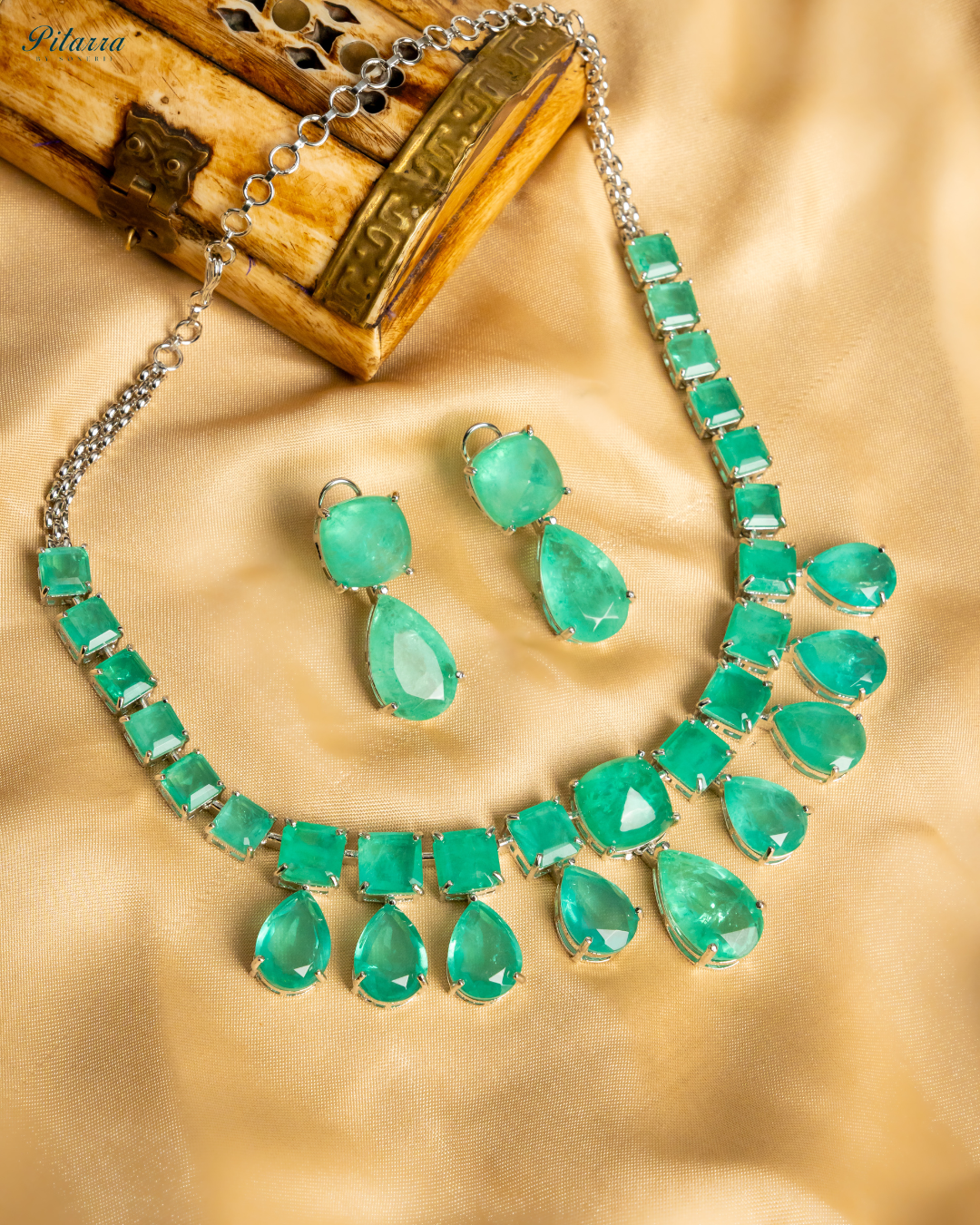 Rhodium Plated Green Crystal Necklace Set