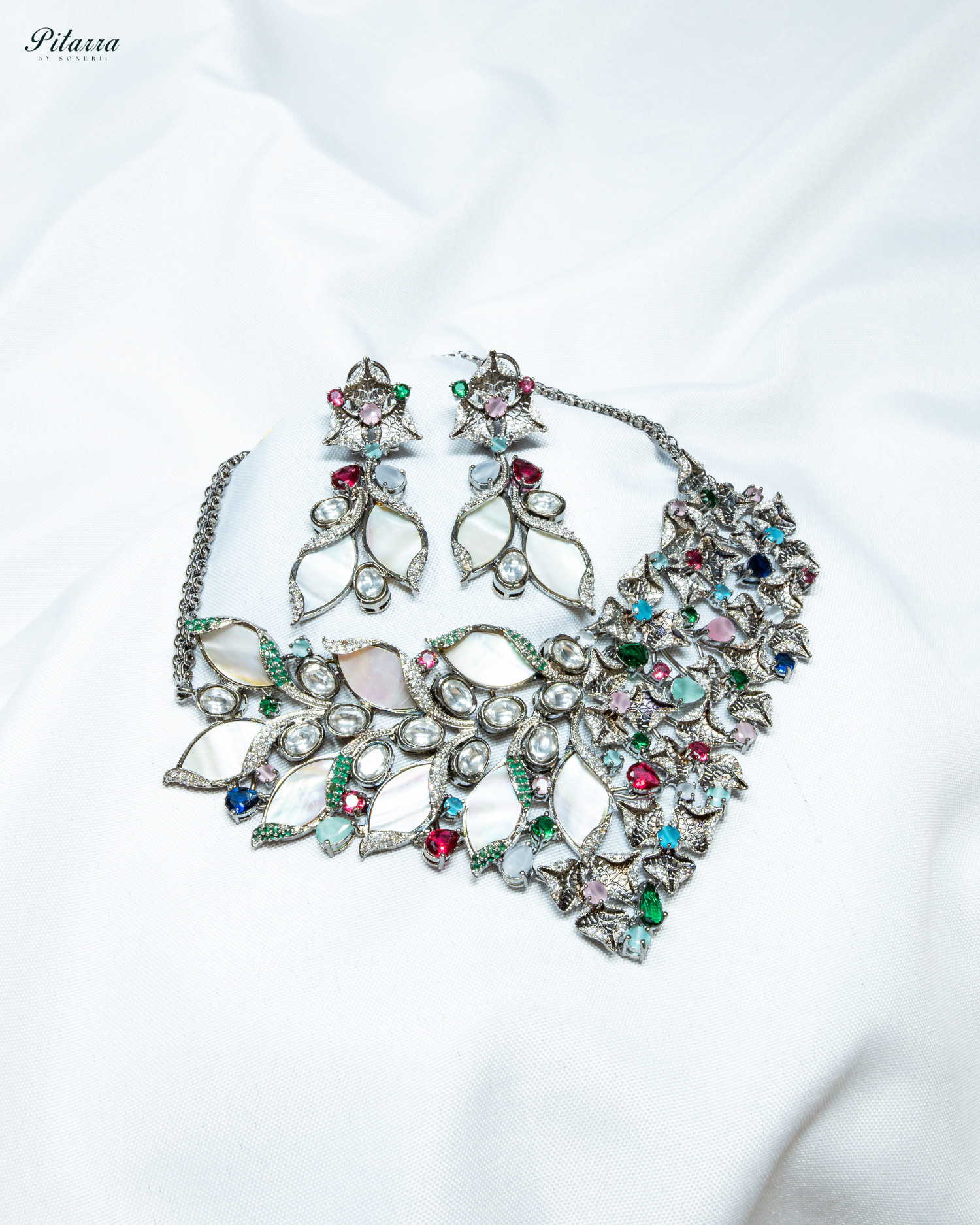 Silver Floral Multi Color Fusion Necklace