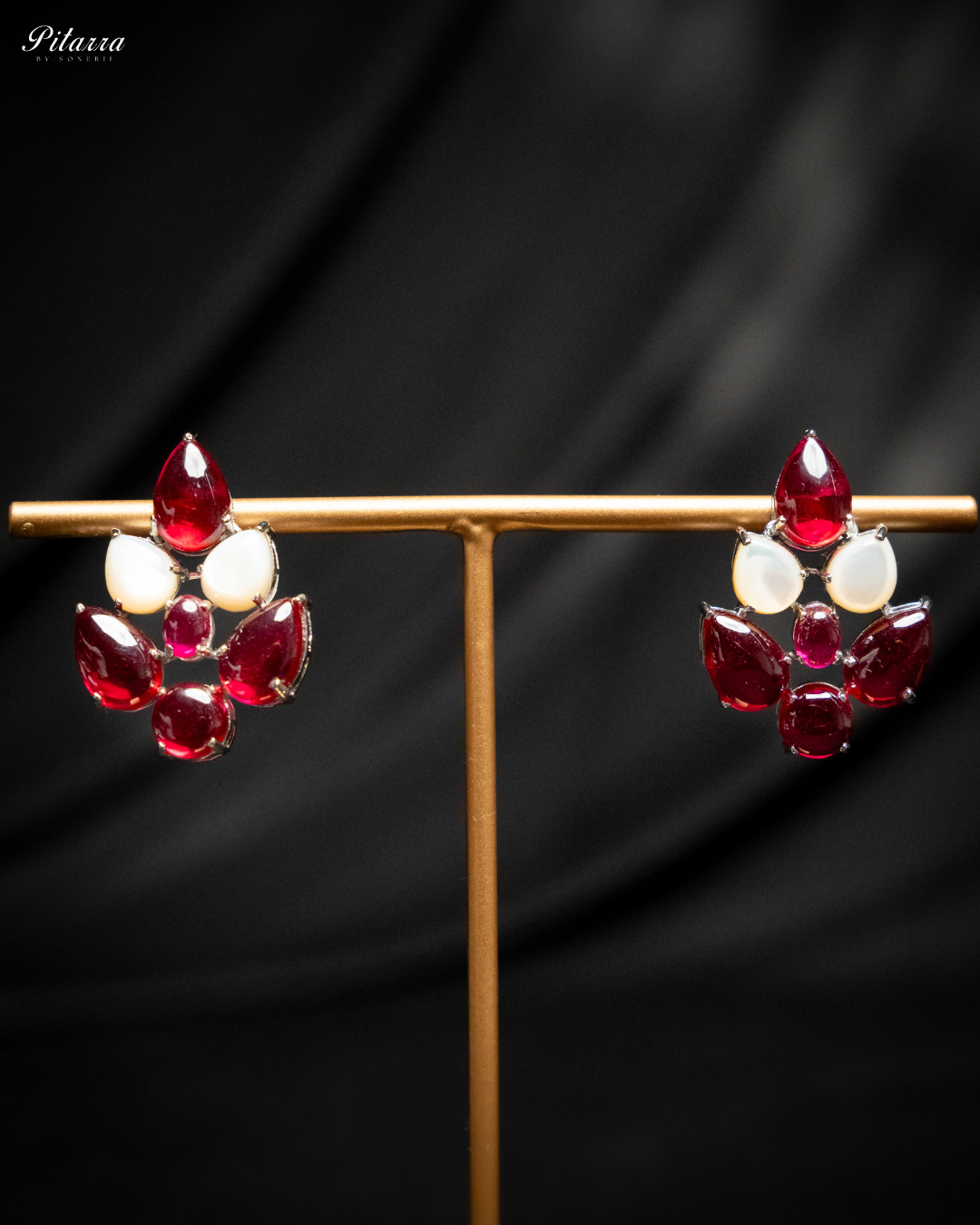 Silver Red Ethnic Stud Earrings