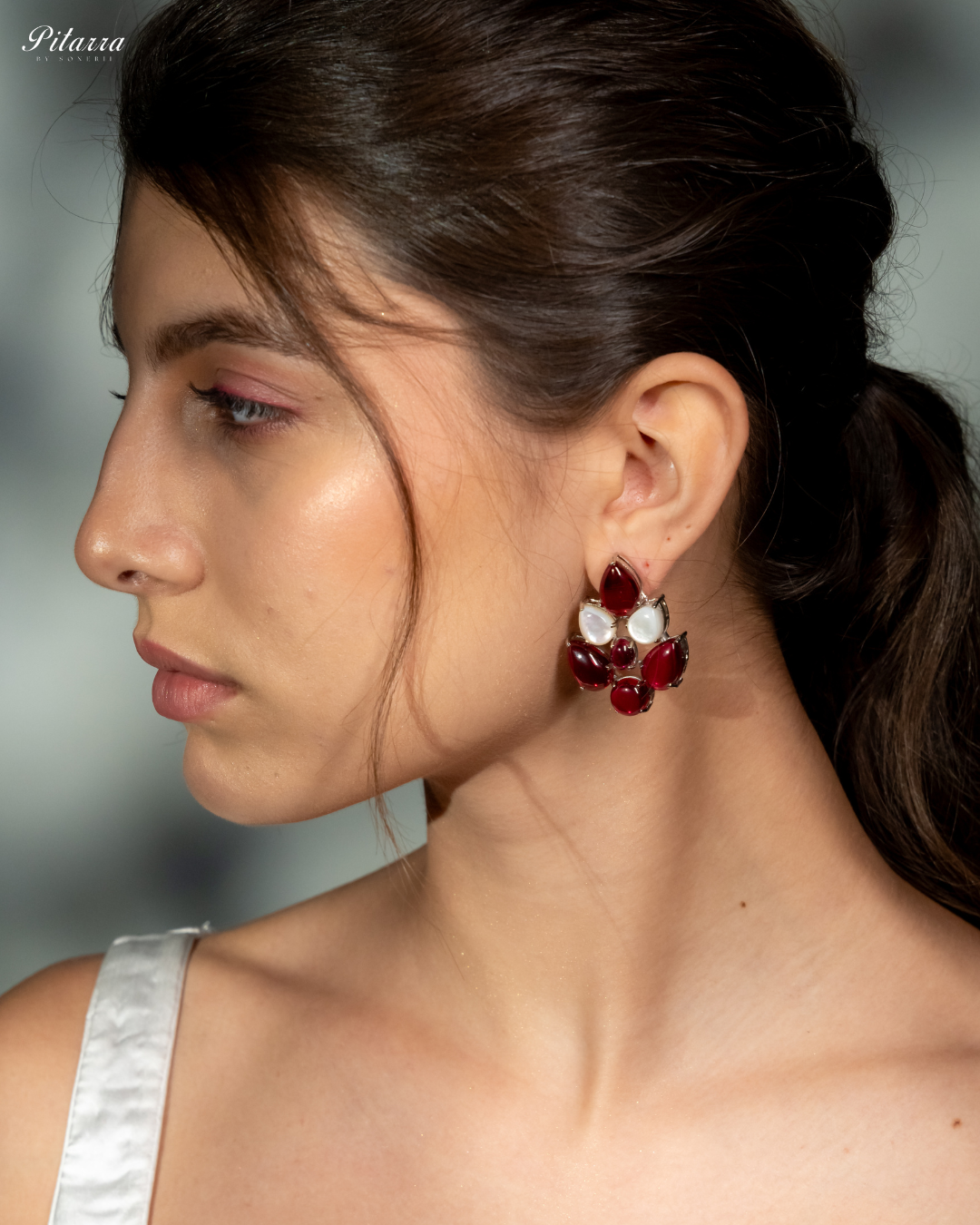 Silver Red Ethnic Stud Earrings