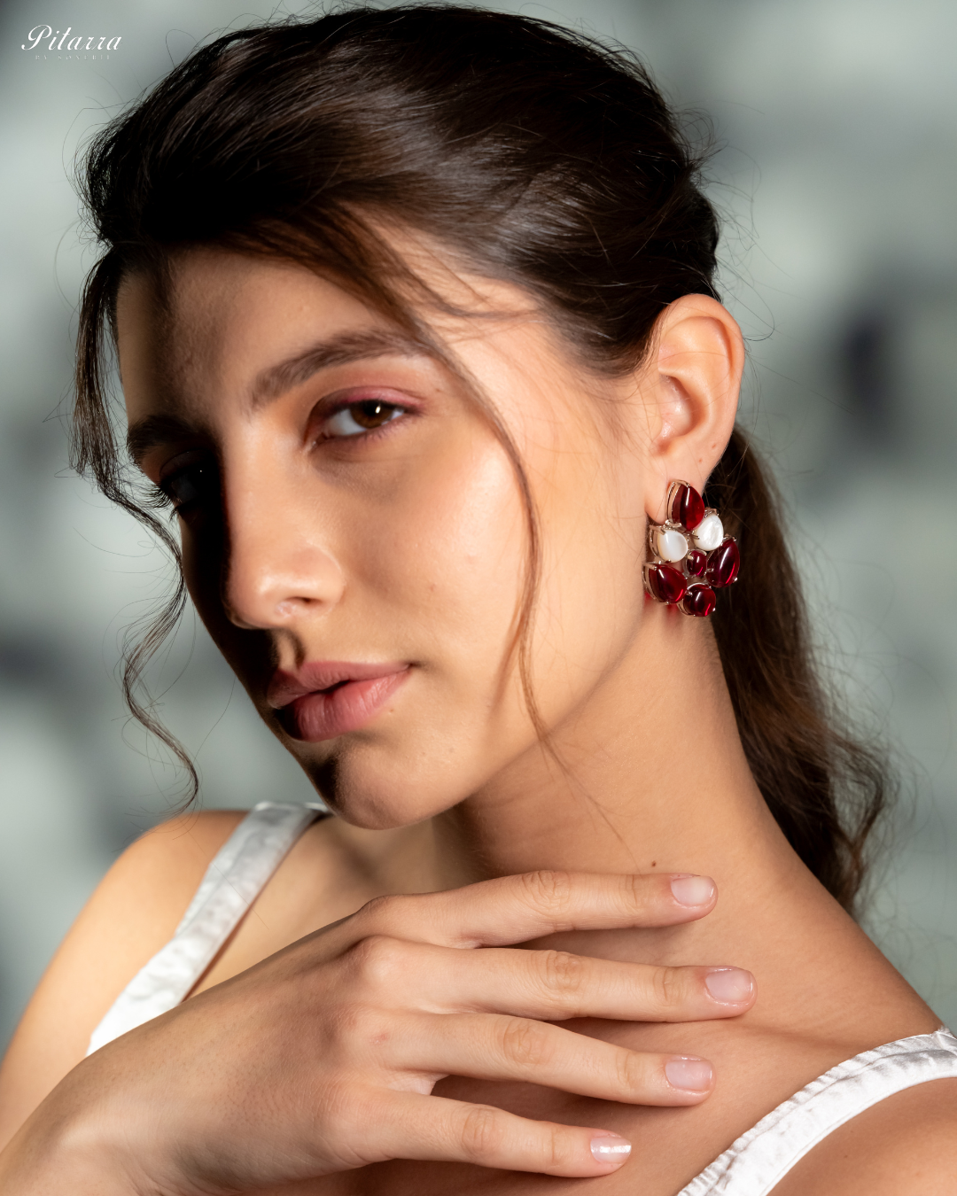 Silver Red Ethnic Stud Earrings