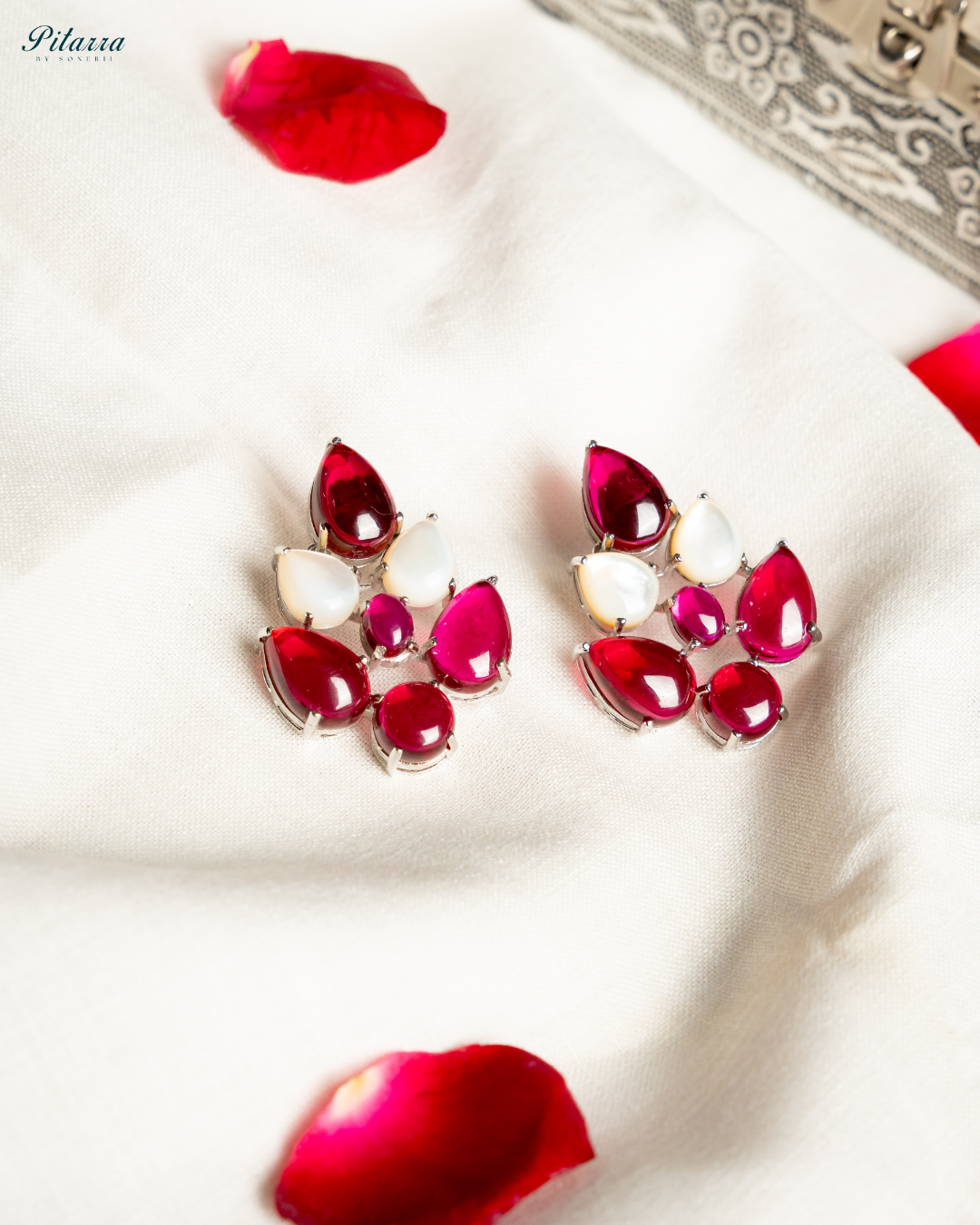 Silver Red Ethnic Stud Earrings