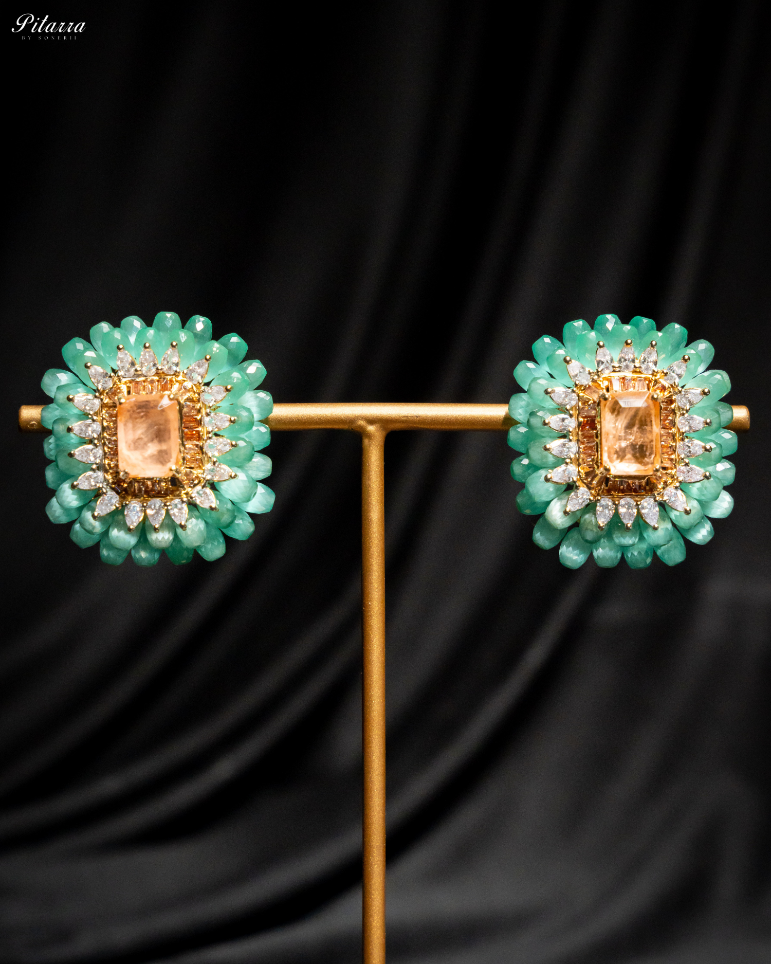 Turquoise and Golden Emerald Studs Earrings