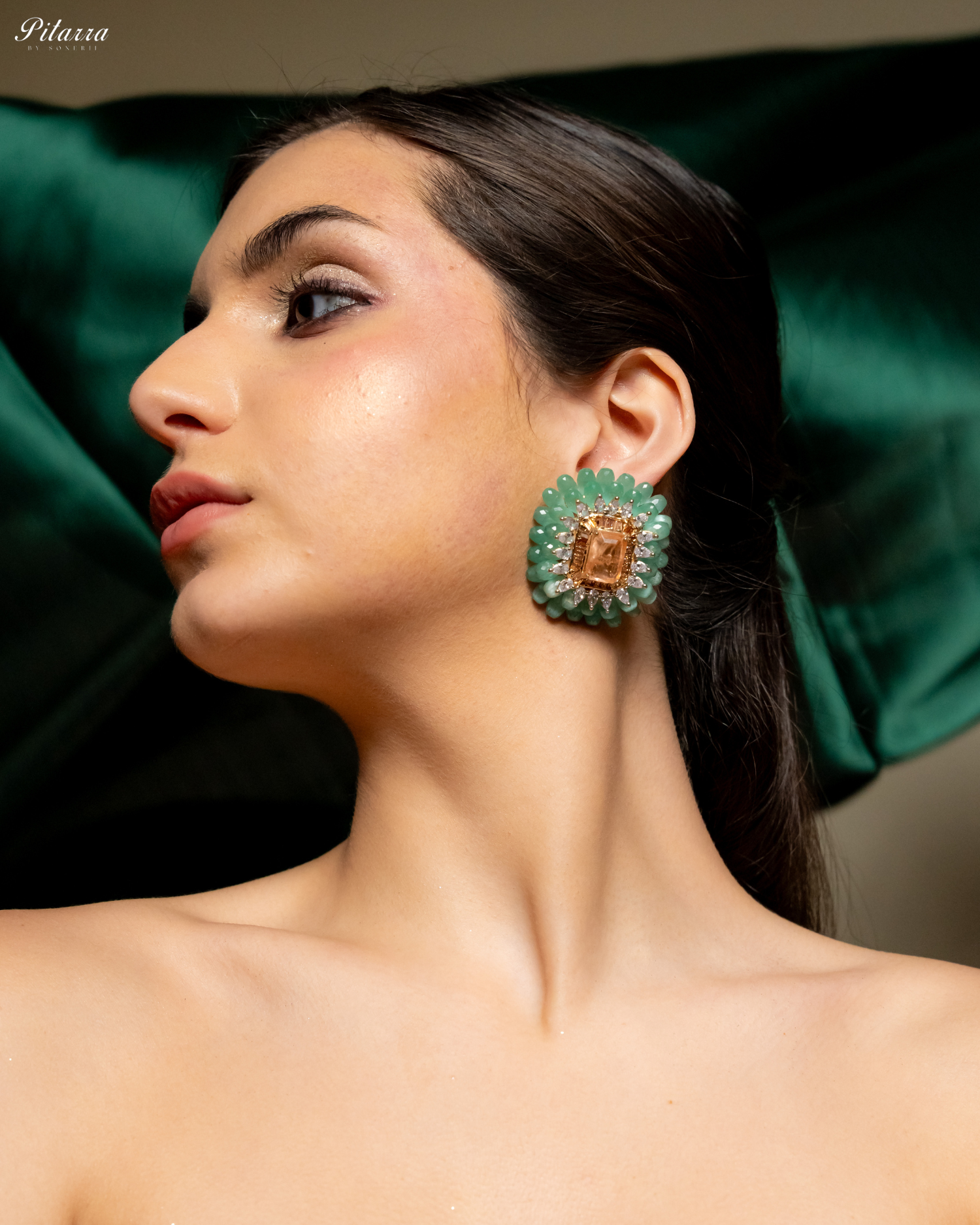 Turquoise and Golden Emerald Studs Earrings