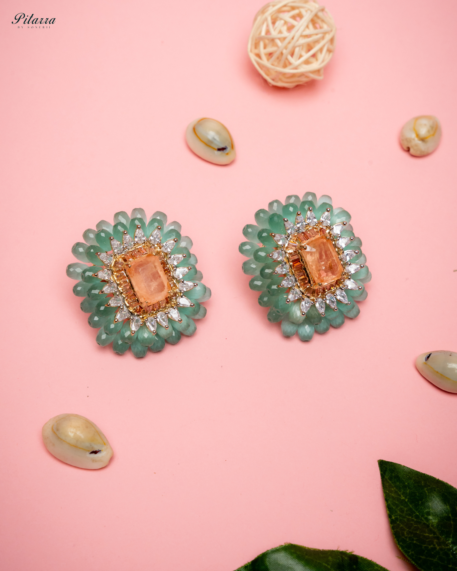 Turquoise and Golden Emerald Studs Earrings